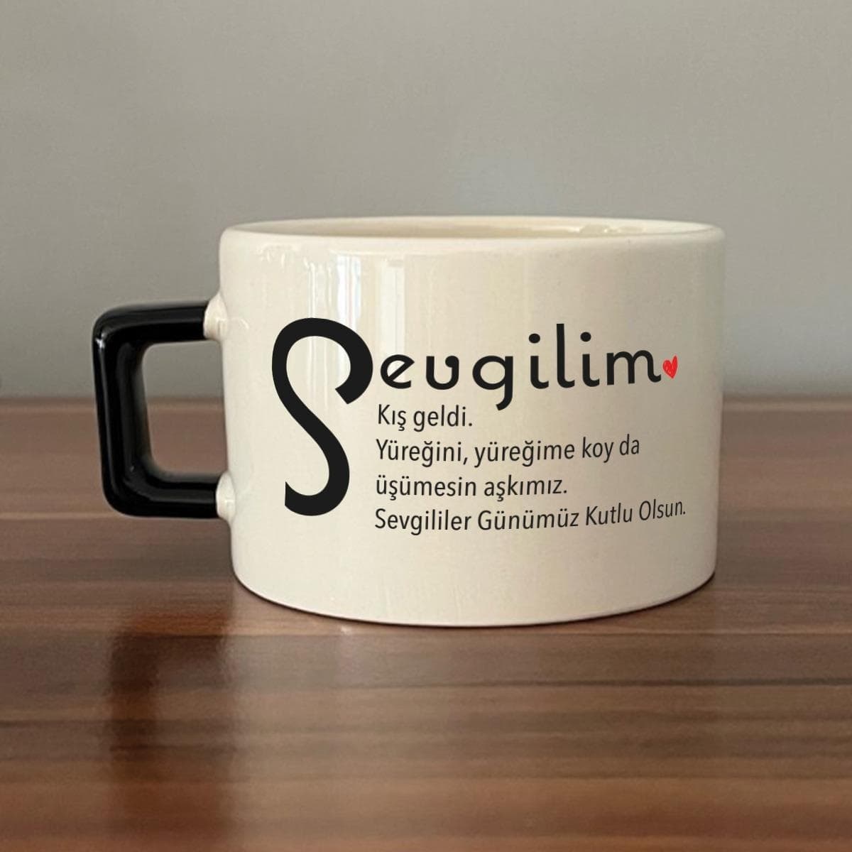 Sevgilim Baskılı Siyah Kulplu Kare Espresso Fincanı