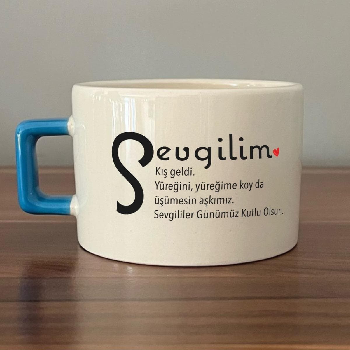 Sevgilim Baskılı Mavi Kulplu Kare Espresso Fincanı