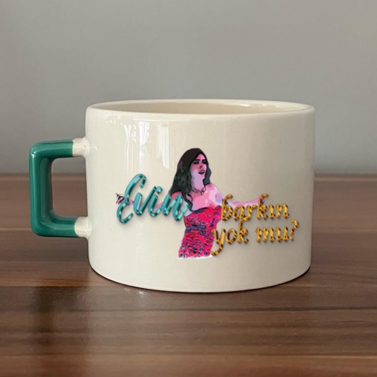 Evin Barkın Yok Mu Baskılı Yeşil Kulplu Kare Espresso Fincanı