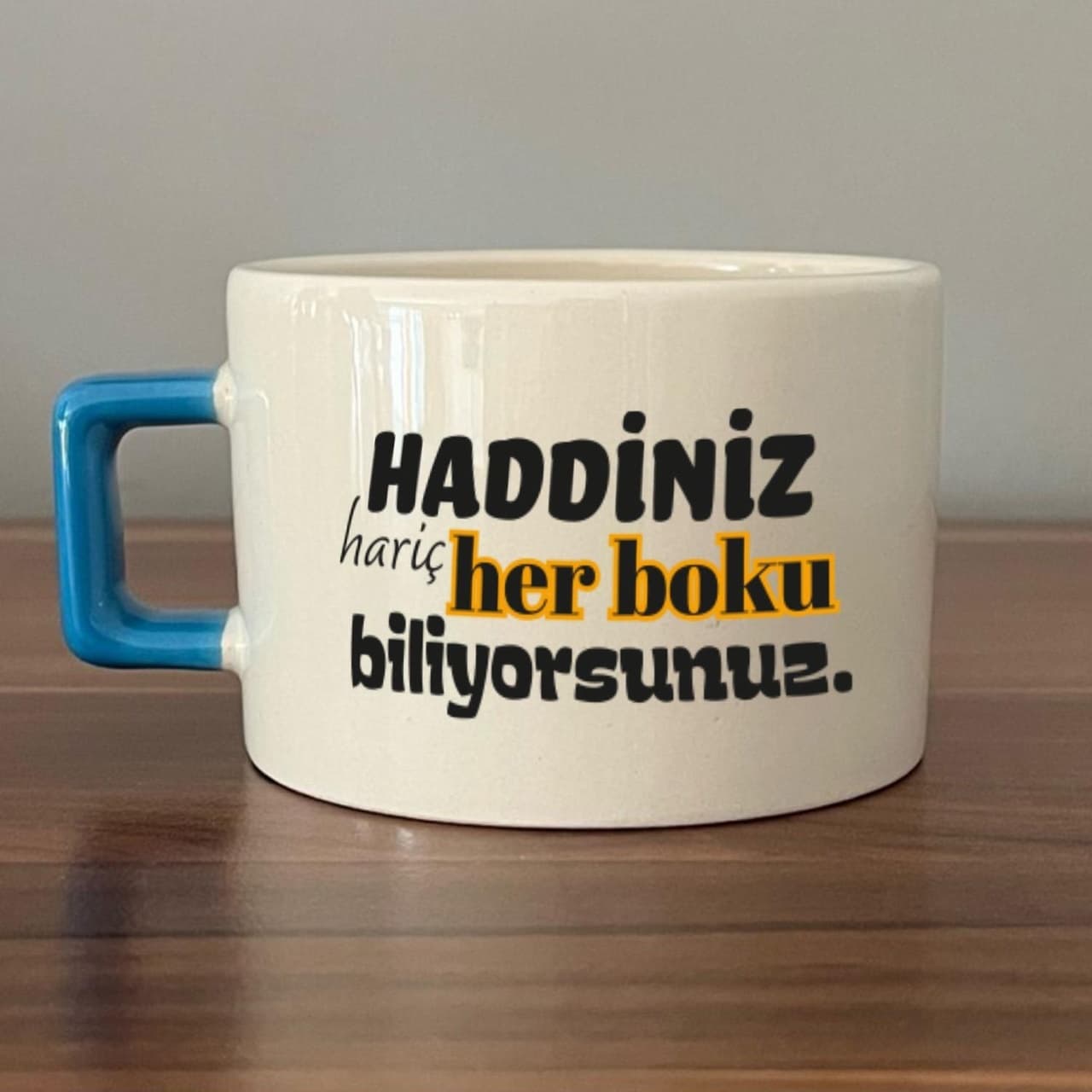 Haddiniz Hariç Her Boku Biliyorsunuz Baskılı Mavi Kulplu Kare Espresso Fincanı