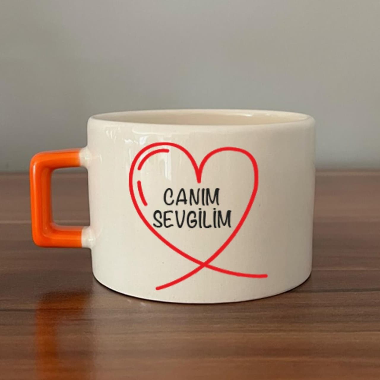 Canım Sevgilim Baskılı Turuncu Kulplu Kare Espresso Fincanı