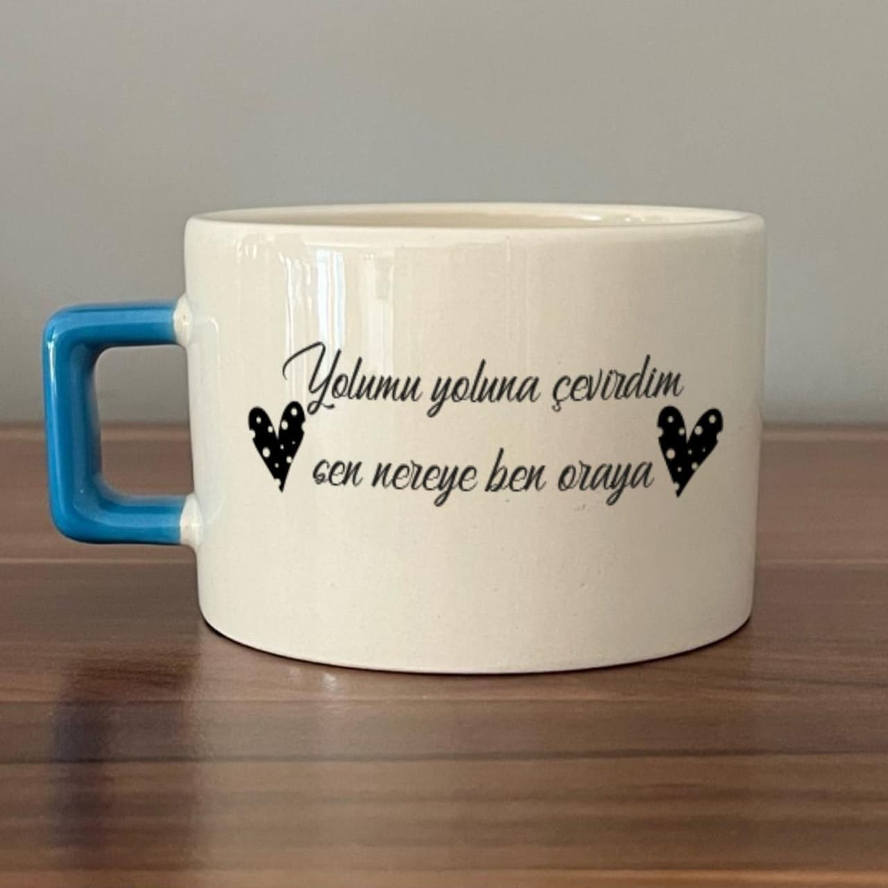 Yolumu Yoluna Çevirdim Baskılı Mavi Kulplu Kare Espresso Fincanı
