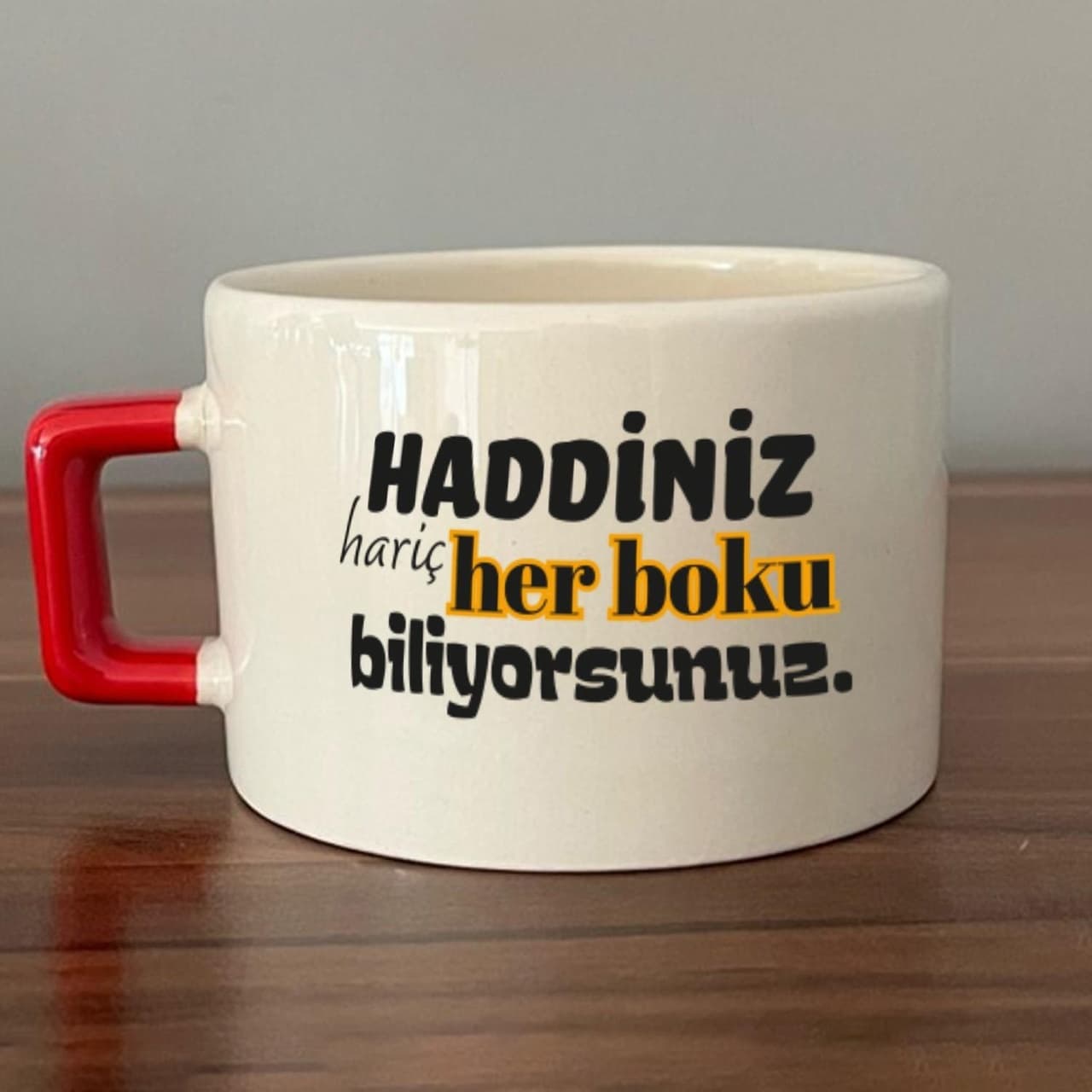 Haddiniz Hariç Her Boku Biliyorsunuz Baskılı Kırmızı Kulplu Kare Espresso Fincanı