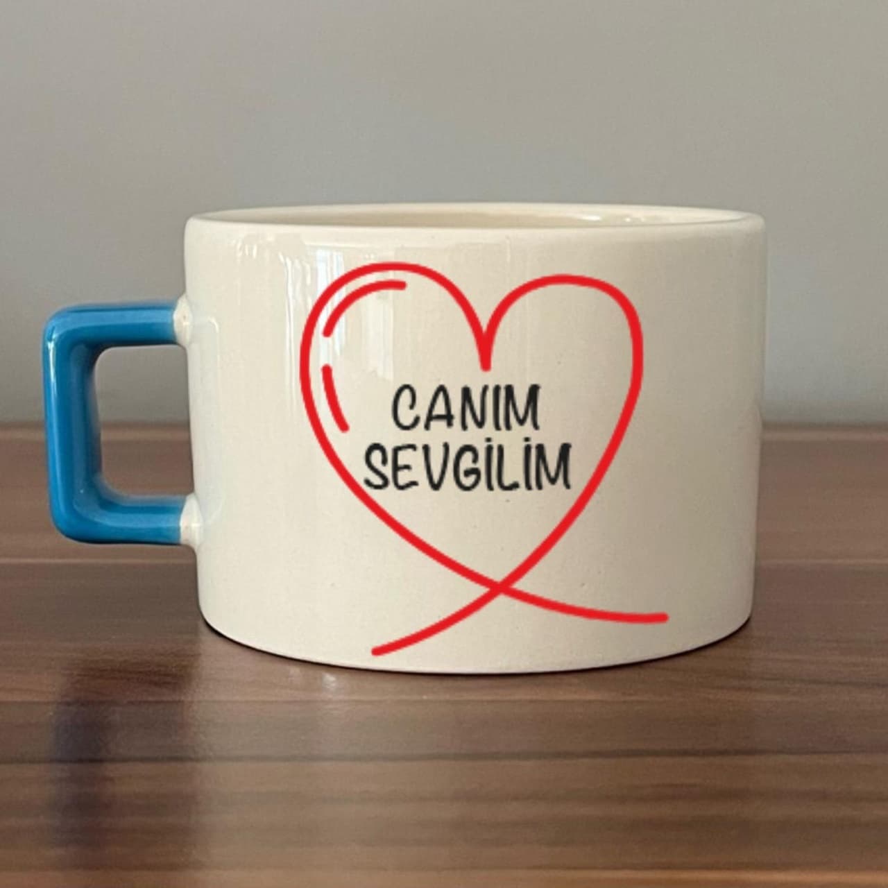 Canım Sevgilim Baskılı Mavi Kulplu Kare Espresso Fincanı