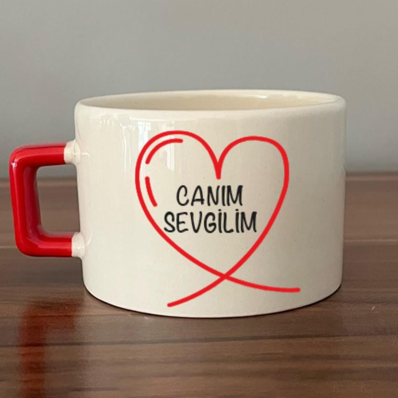 Canım Sevgilim Baskılı Kırmızı Kulplu Kare Espresso Fincanı
