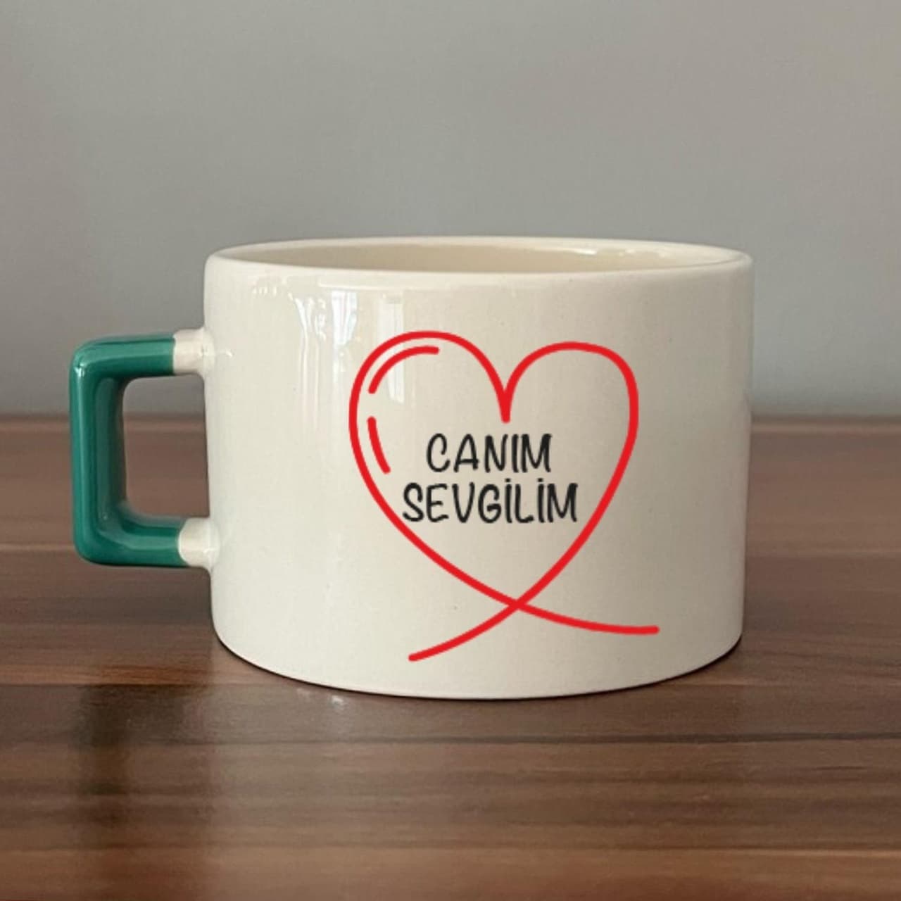 Canım Sevgilim Baskılı Yeşil Kulplu Kare Espresso Fincanı