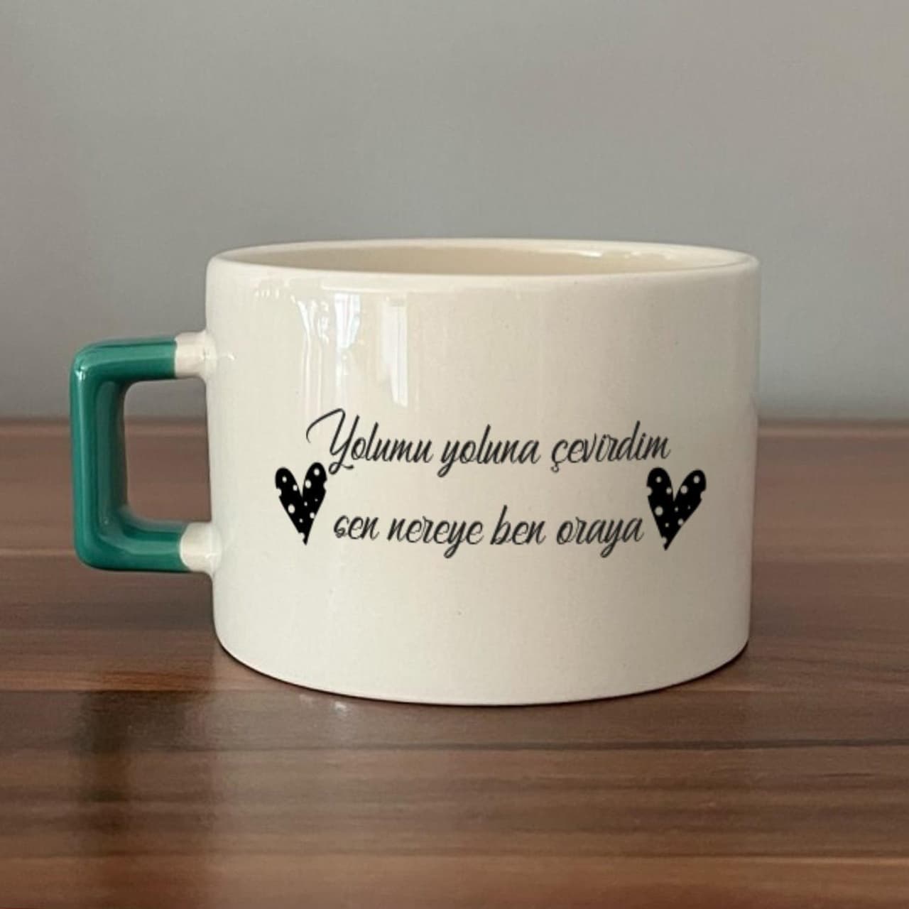 Yolumu Yoluna Çevirdim Baskılı Yeşil Kulplu Kare Espresso Fincanı
