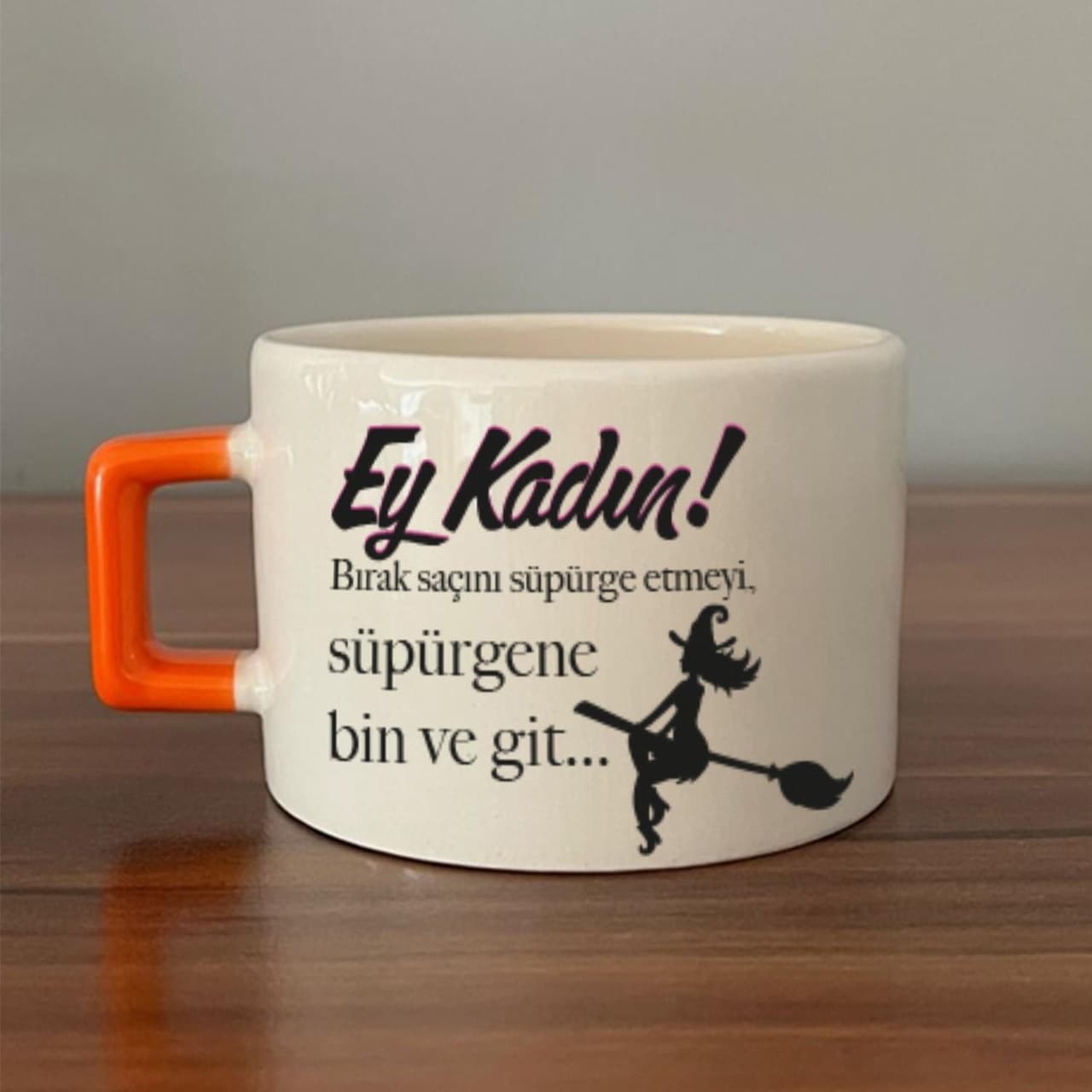 Ey Kadın Baskılı Kadınlar Günü Turuncu Kulplu Kare Espresso Fincanı