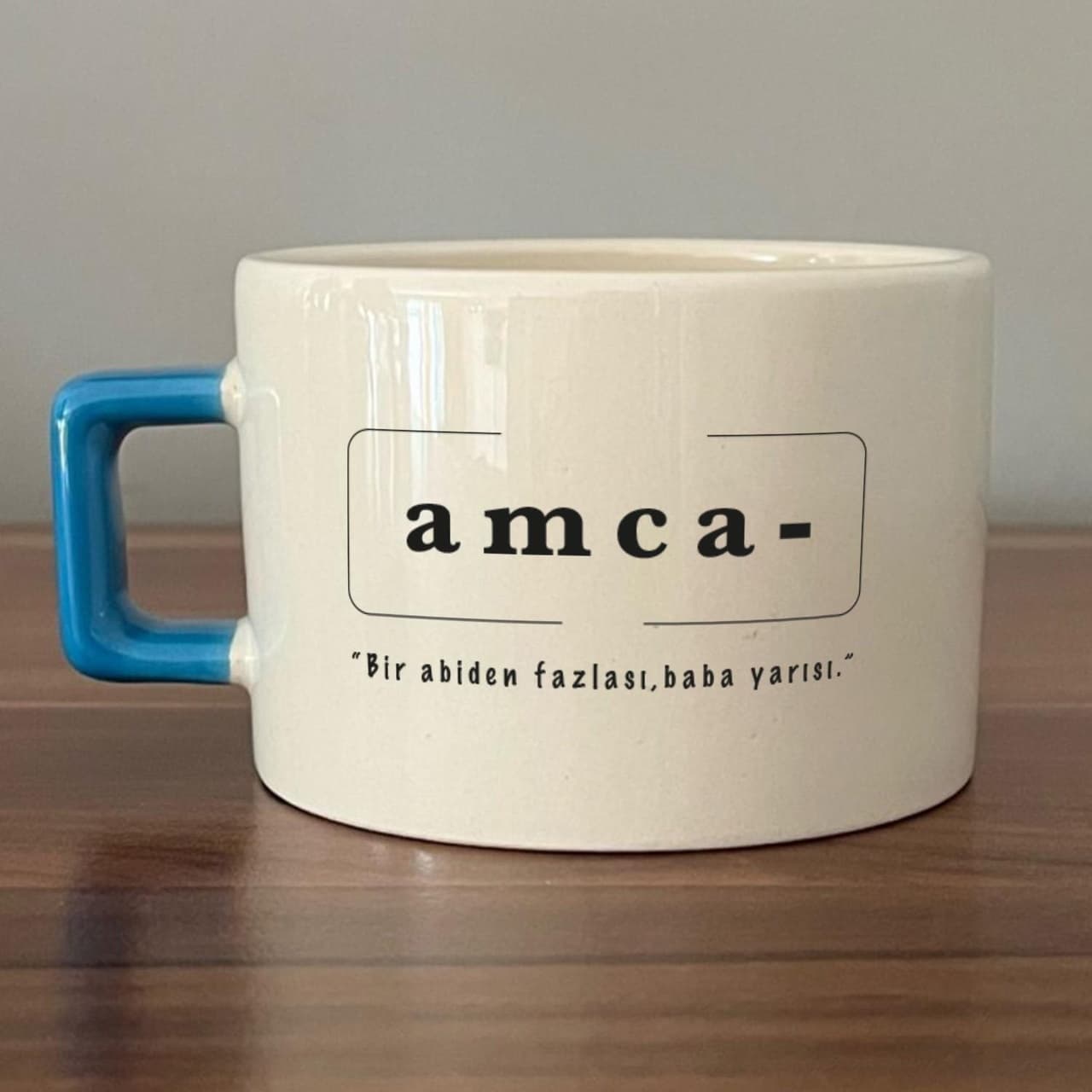 Amca Baskılı Mavi Kulplu Kare Espresso Fincanı