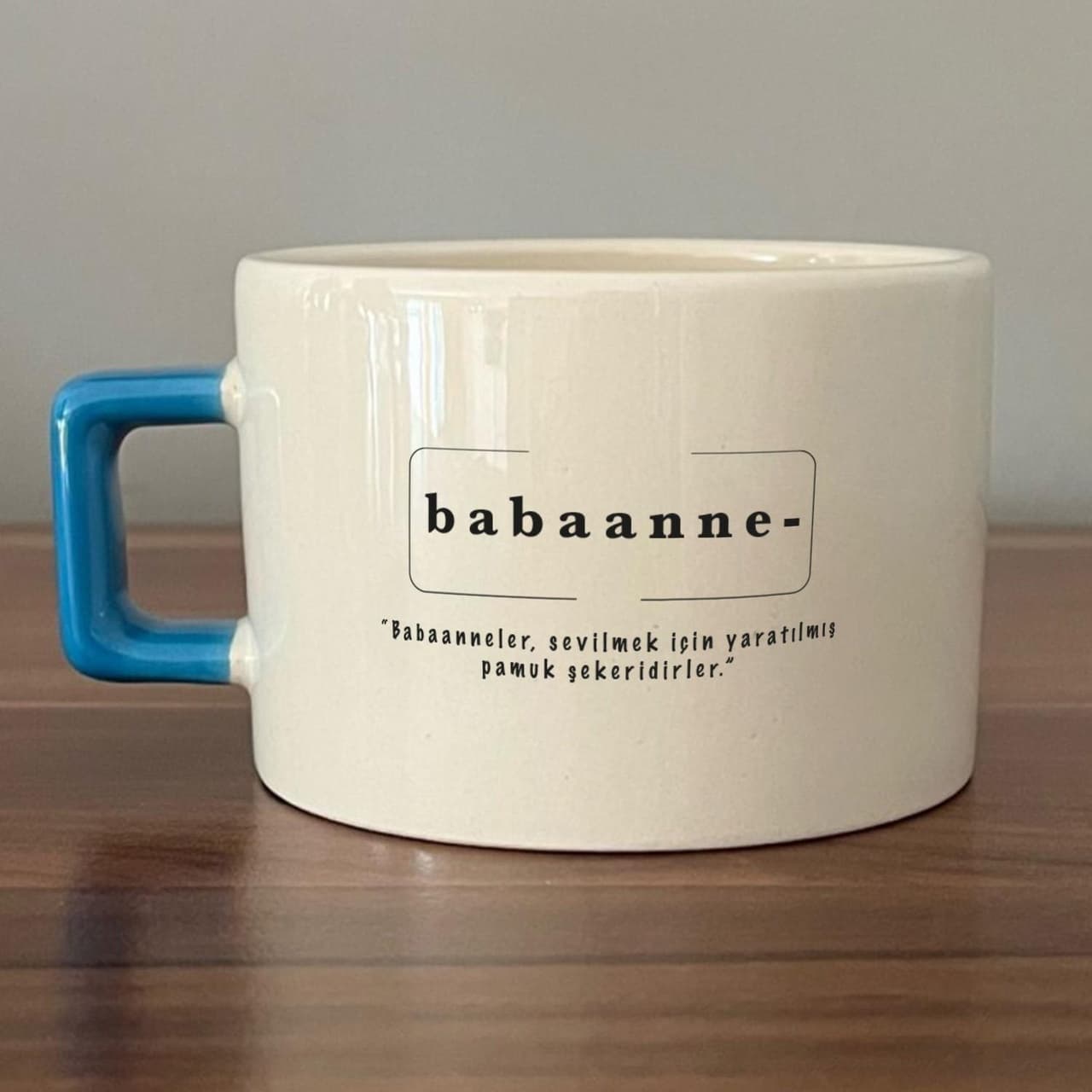 Babaanne Baskılı Mavi Kulplu Kare Espresso Fincanı