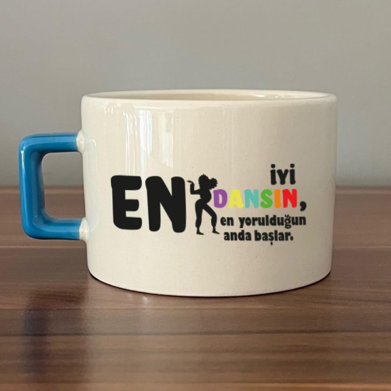 En İyi Dansın Baskılı Kadınlar Günü Mavi Kulplu Kare Espresso Fincanı