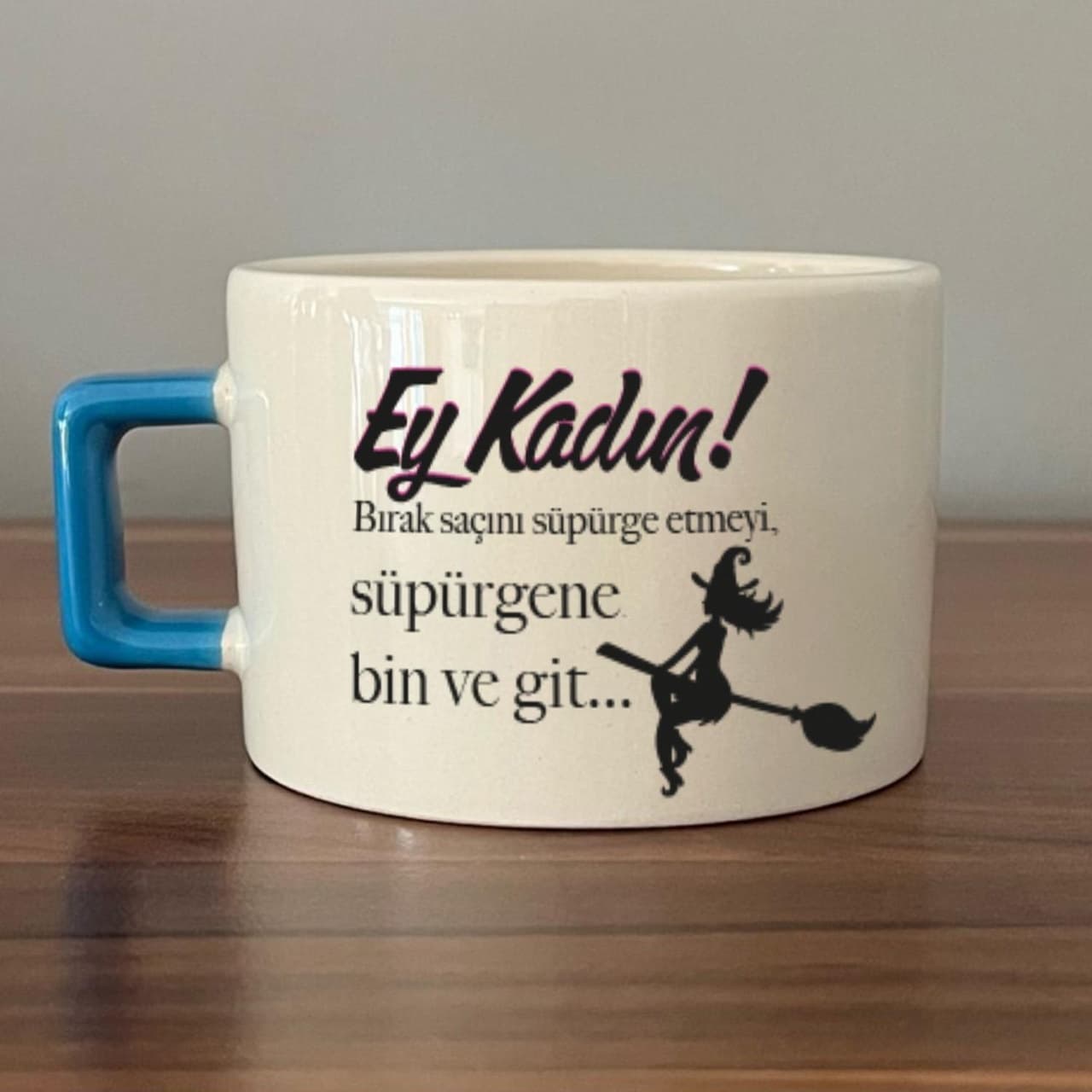 Ey Kadın Baskılı Kadınlar Günü Mavi Kulplu Kare Espresso Fincanı