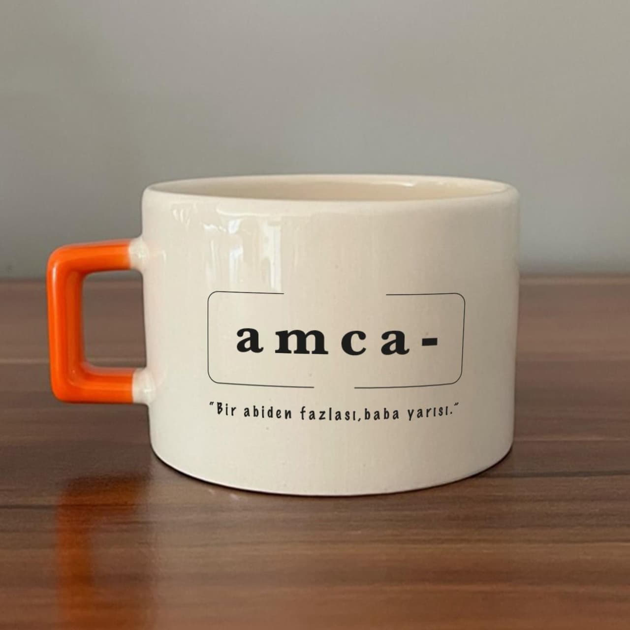 Amca Baskılı Turuncu Kulplu Kare Espresso Fincanı