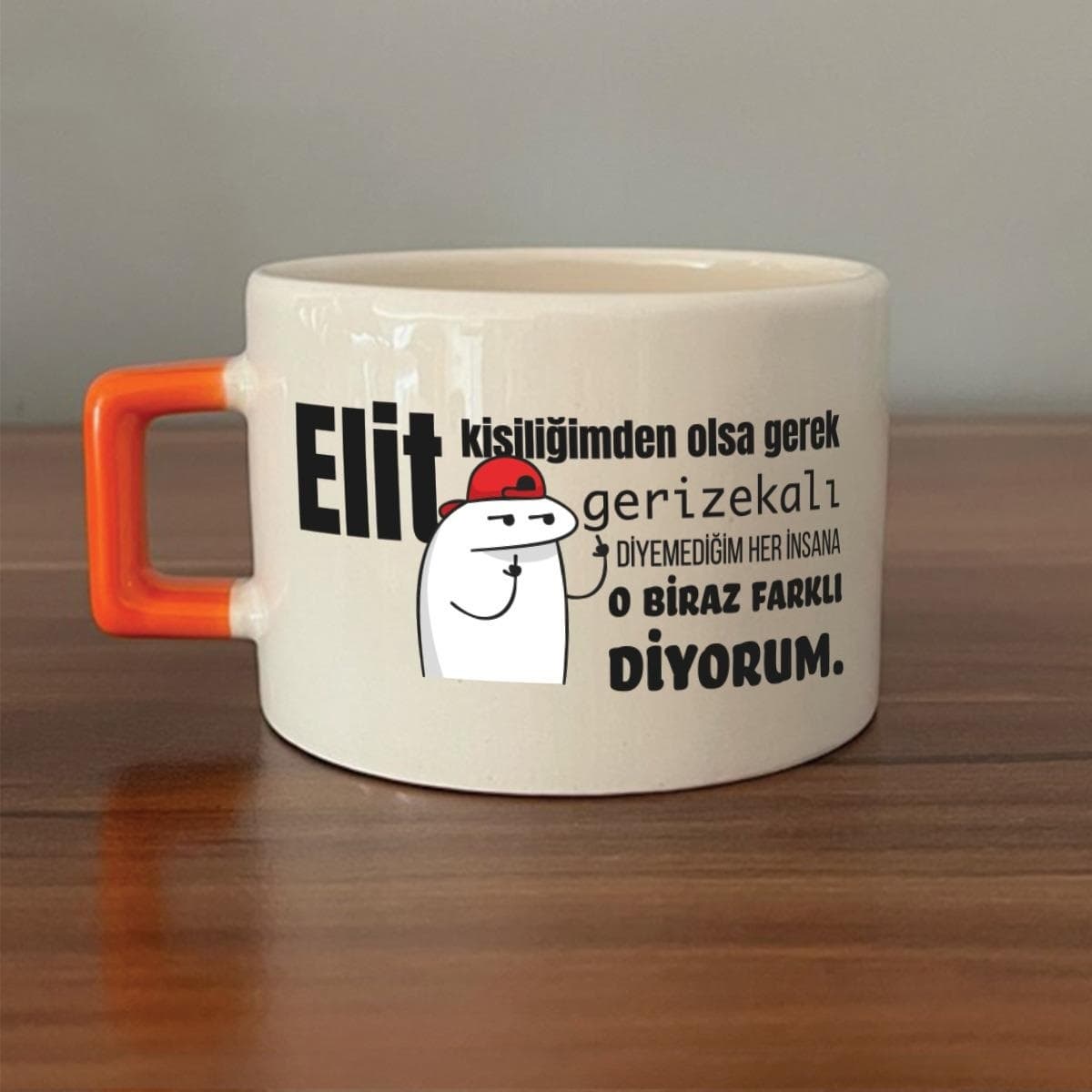 Elit Kişiliğimden Olsa Gerek Baskılı Turuncu Kulplu Kare Espresso Fincanı