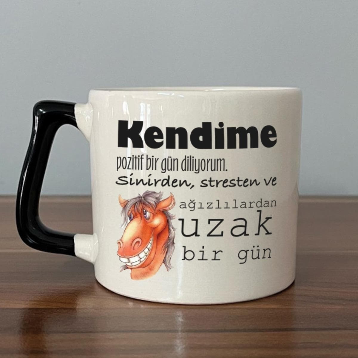 Kendime Pozitif Bir Gün Diliyorum Baskılı Siyah Kulplu Prime Kupa