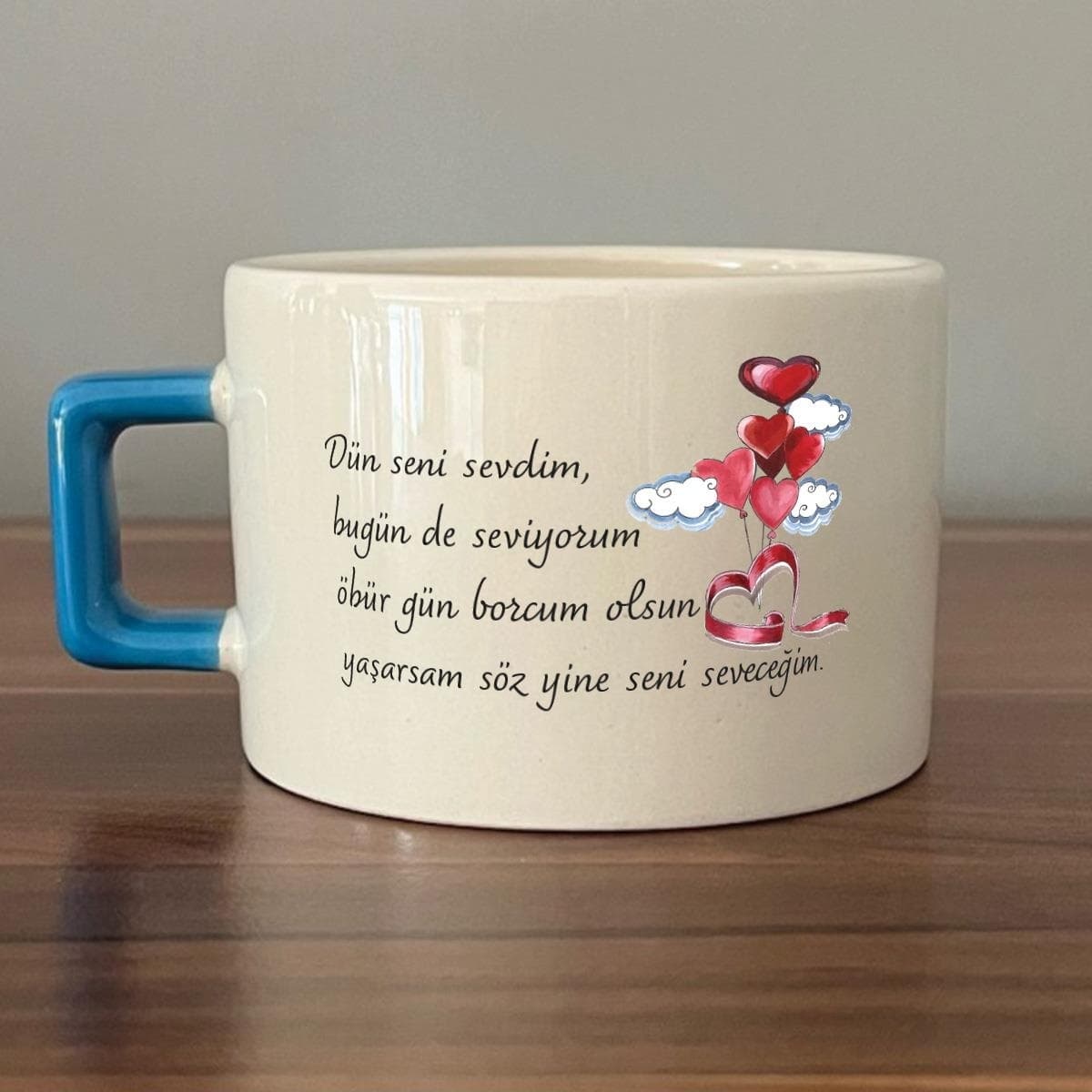 Dün Seni Sevdim Baskılı Mavi Kulplu Kare Espresso Fincanı