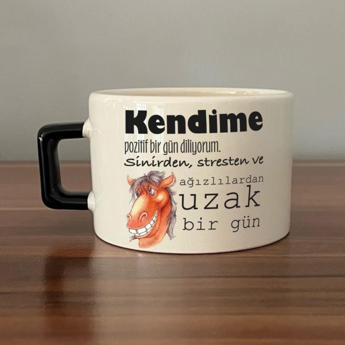 Kendime Pozitif Bir Gün Diliyorum Baskılı Siyah Kulplu Kare Espresso Fincanı