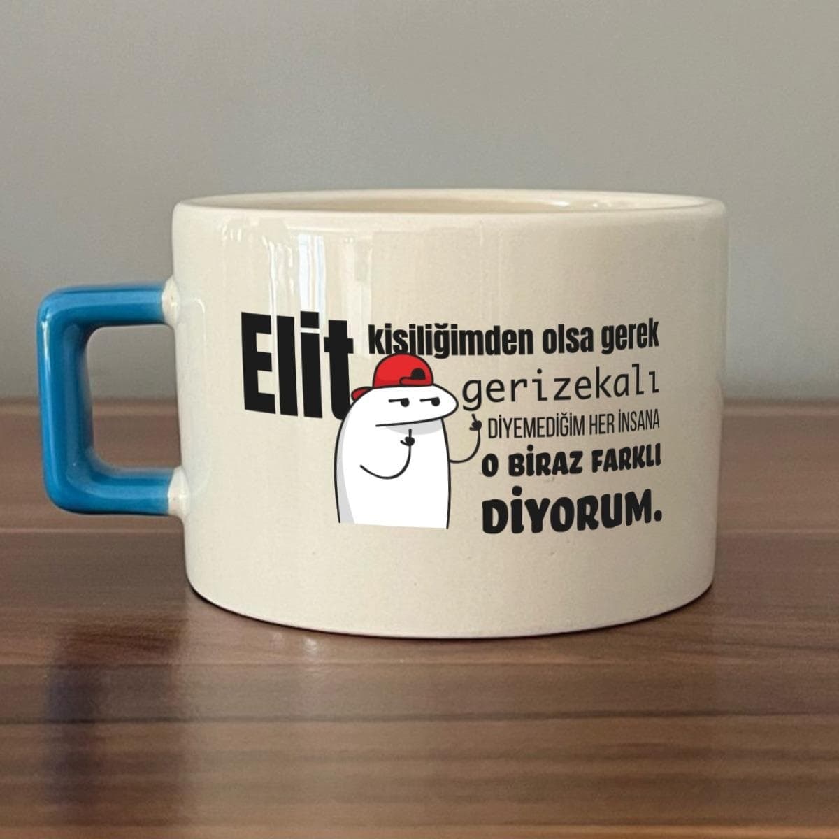 Elit Kişiliğimden Olsa Gerek Baskılı Mavi Kulplu Kare Espresso Fincanı