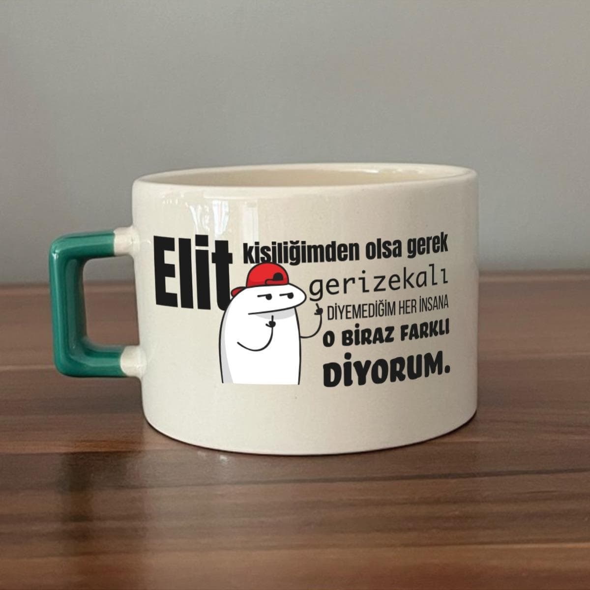 Elit Kişiliğimden Olsa Gerek Baskılı Yeşil Kulplu Kare Espresso Fincanı
