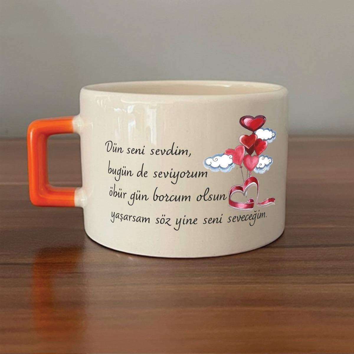 Dün Seni Sevdim Baskılı Turuncu Kulplu Kare Espresso Fincanı