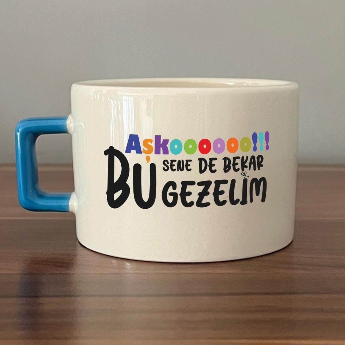 Aşkoooooo Baskılı Mavi Kulplu Kare Espresso Fincanı