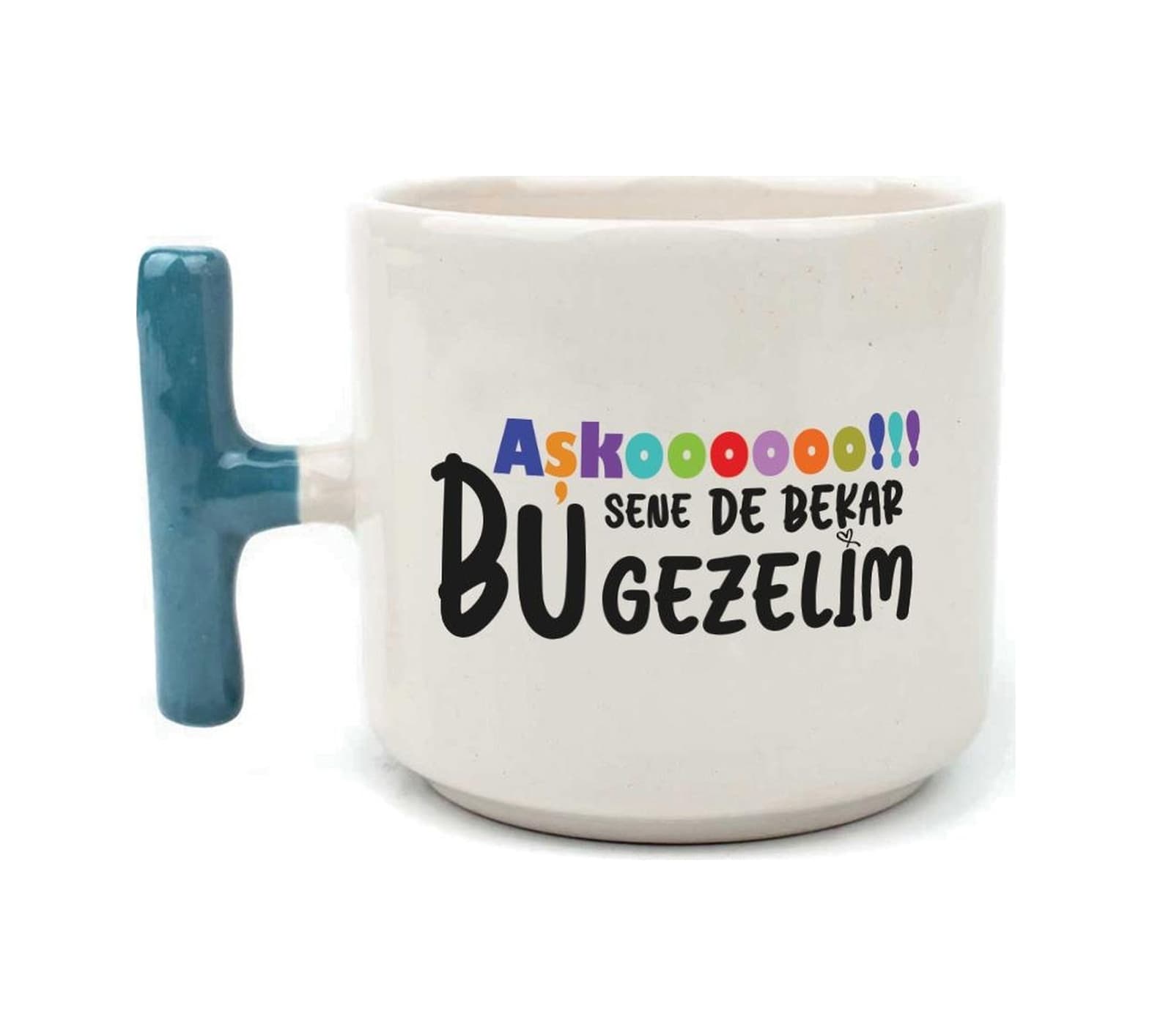 Mor Mürekkep Aşkoooooo Baskılı Mavi Kulplu T Kupa