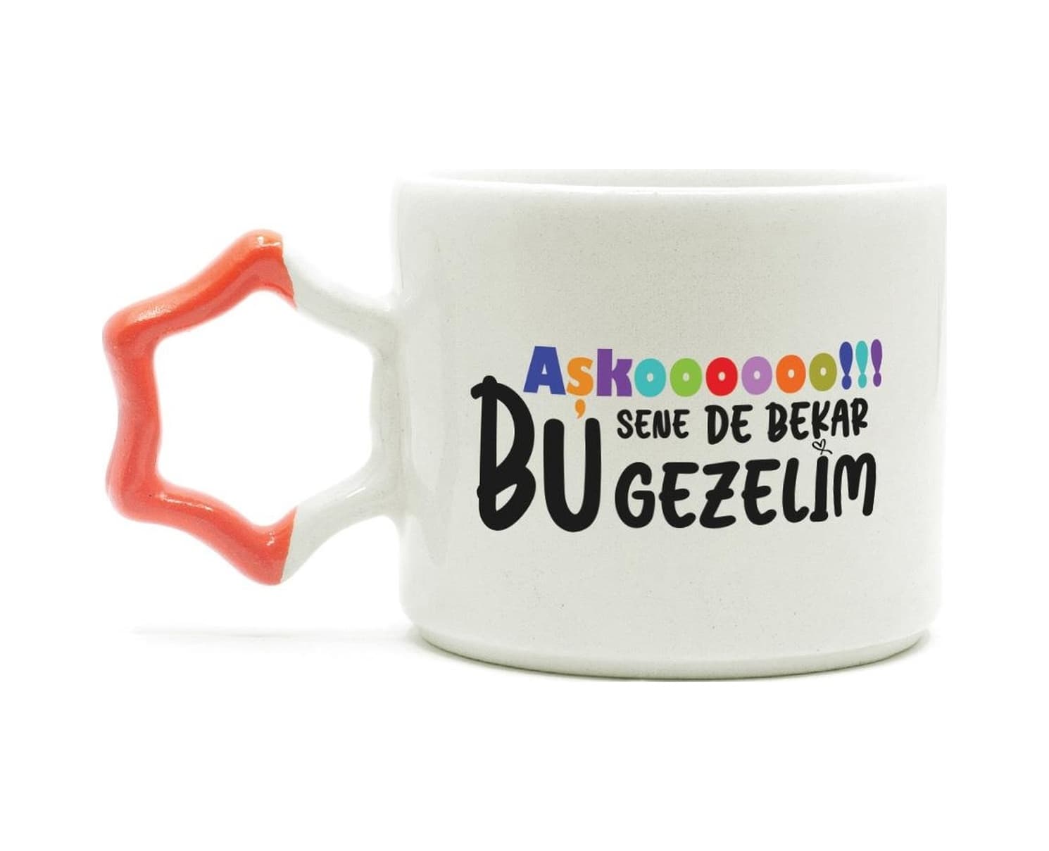 Mor Mürekkep Aşkoooooo Baskılı Turuncu Kulplu Yıldız Kupa