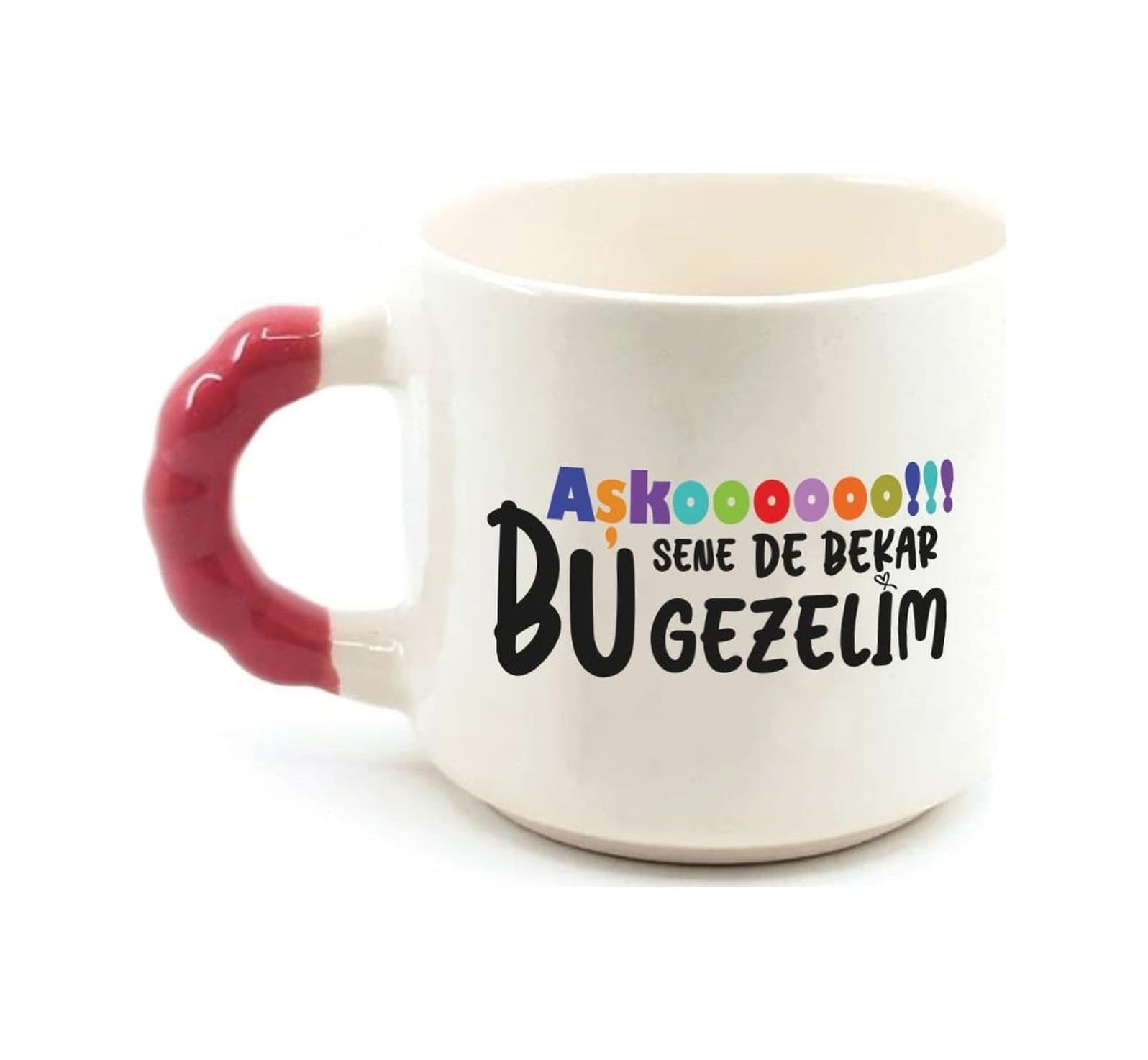 Mor Mürekkep Aşkoooooo Baskılı Kırmızı Kulplu Boncuk Kupa