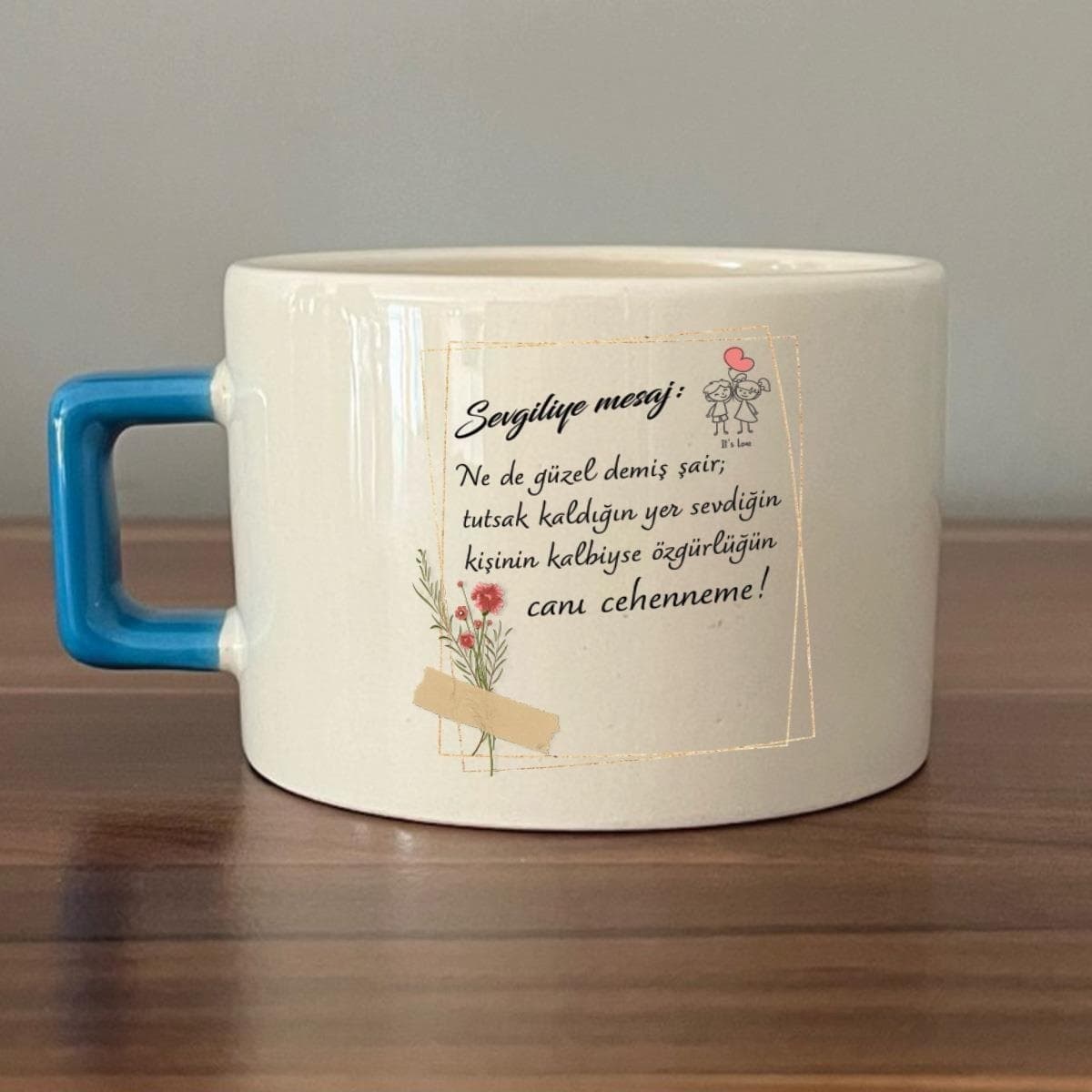 Sevgiliye Mesaj: Ne De Güzel Demiş Şair Baskılı Mavi Kulplu Kare Espresso Fincanı