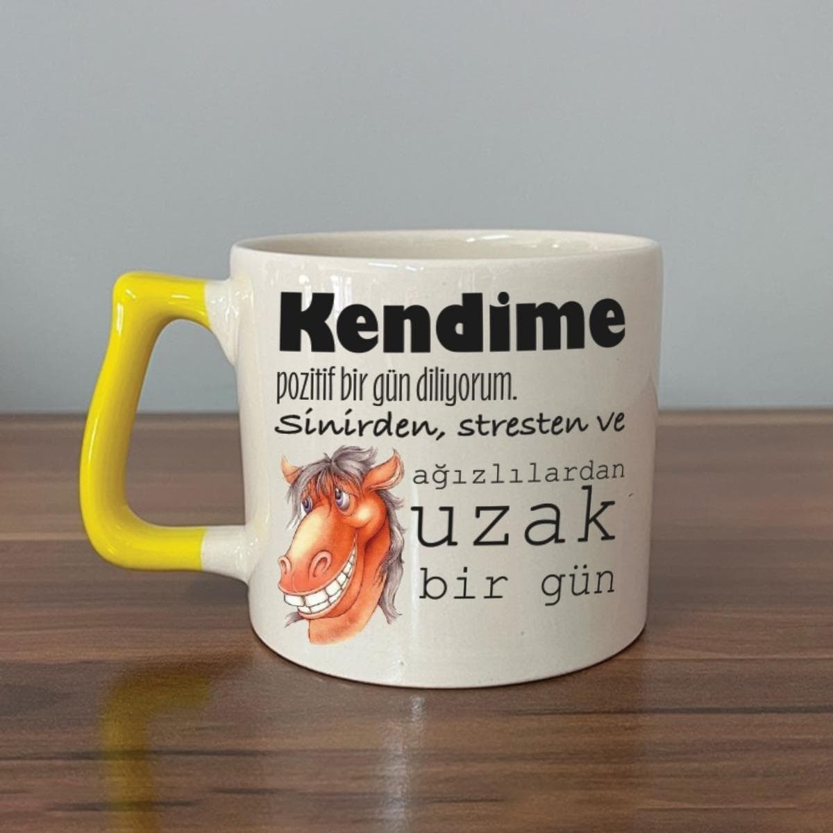Kendime Pozitif Bir Gün Diliyorum Baskılı Sarı Kulplu Prime Kupa