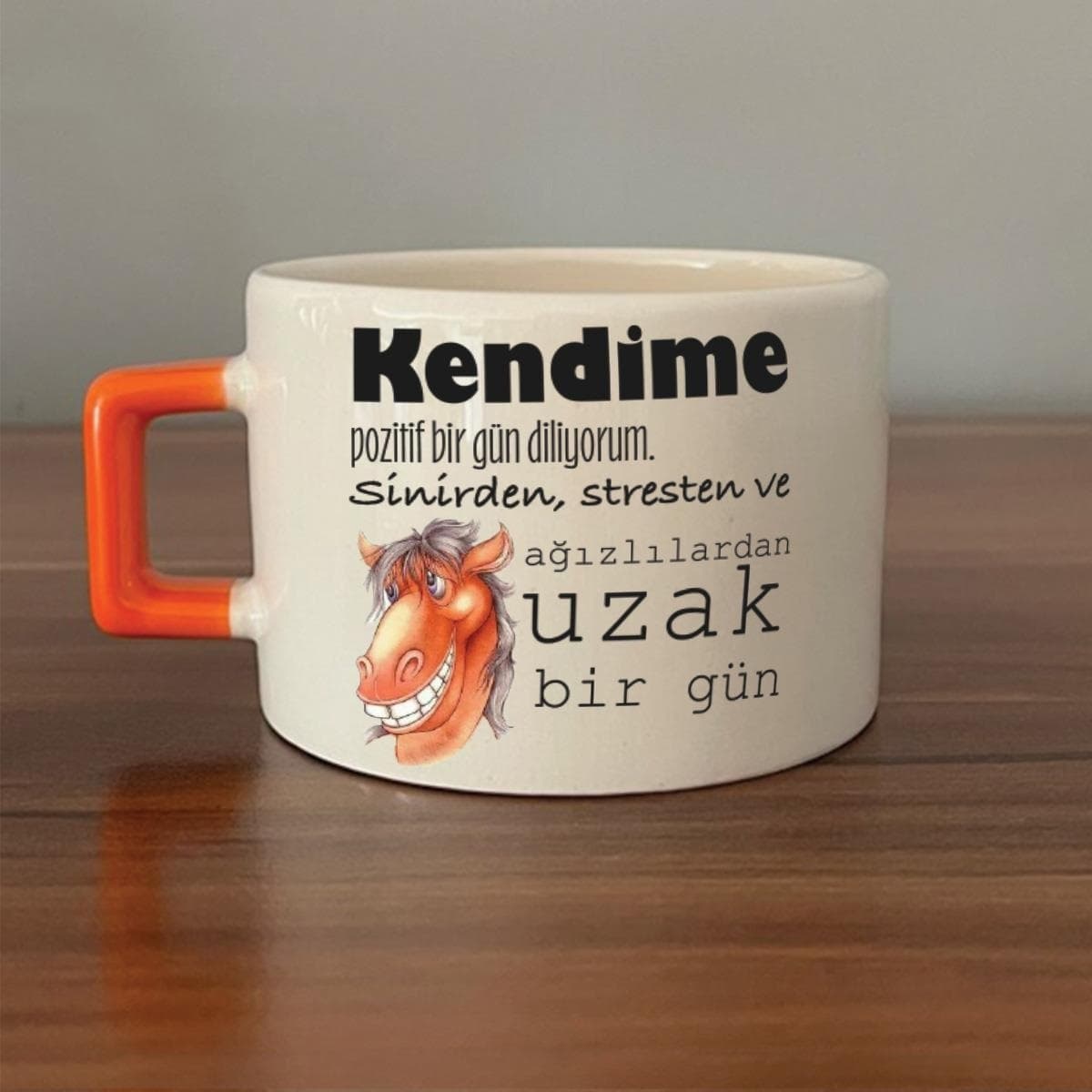 Kendime Pozitif Bir Gün Diliyorum Baskılı Turuncu Kulplu Kare Espresso Fincanı
