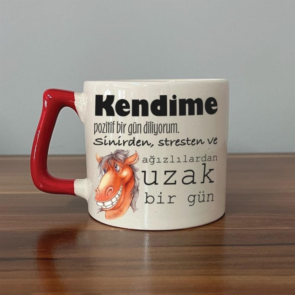 Kendime Pozitif Bir Gün Diliyorum Baskılı Kırmızı Kulplu Prime Kupa