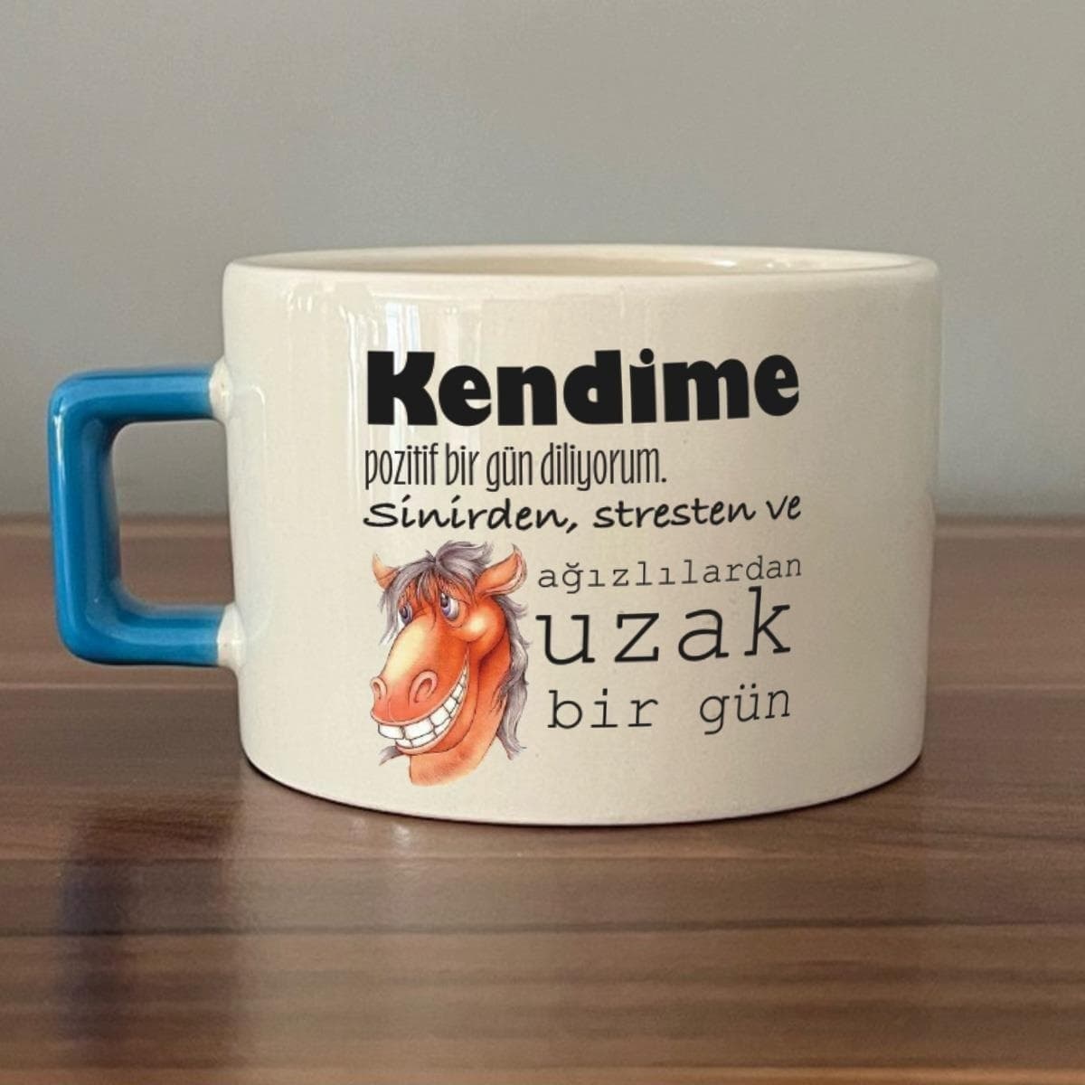 Kendime Pozitif Bir Gün Diliyorum Baskılı Mavi Kulplu Kare Espresso Fincanı