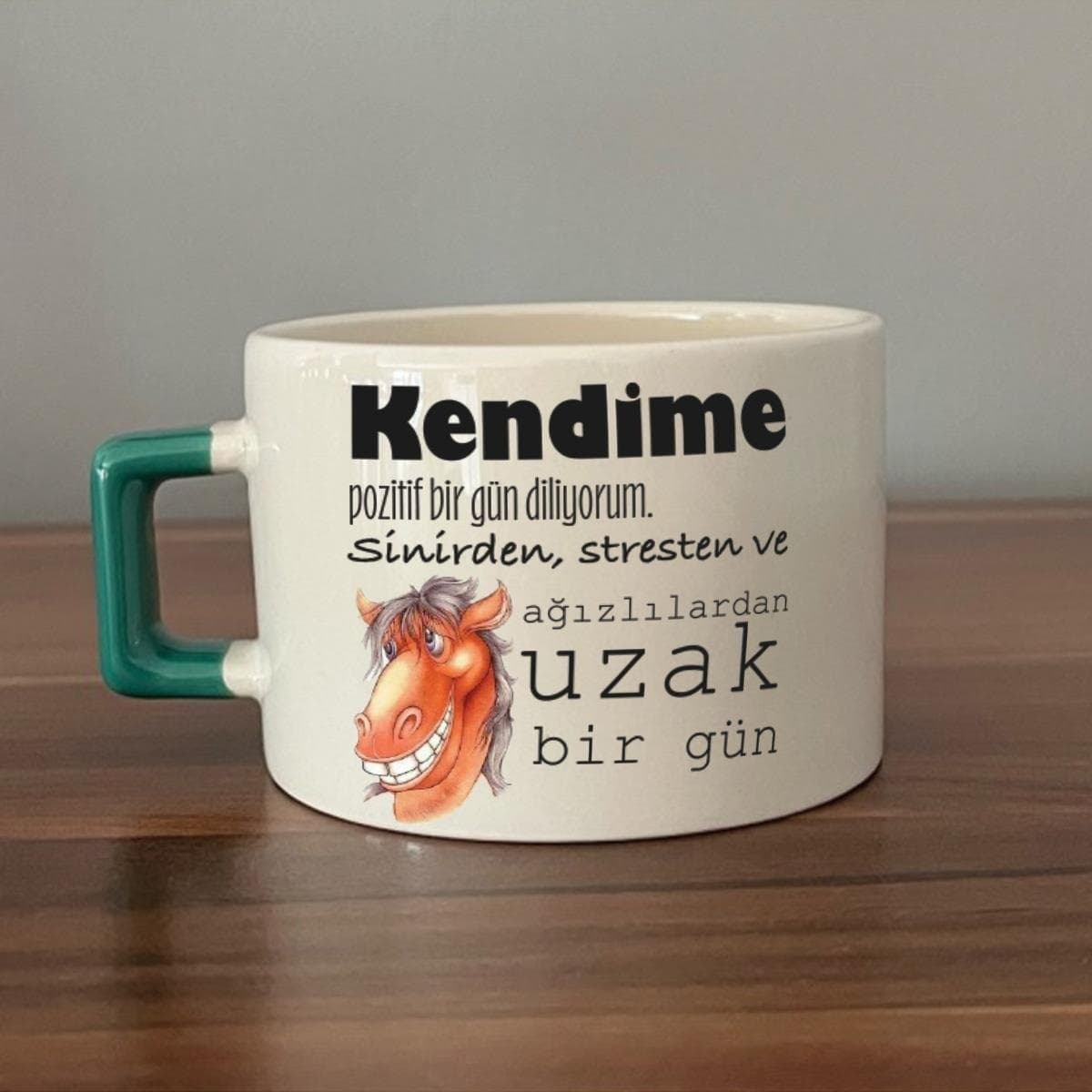 Kendime Pozitif Bir Gün Diliyorum Baskılı Yeşil Kulplu Kare Espresso Fincanı