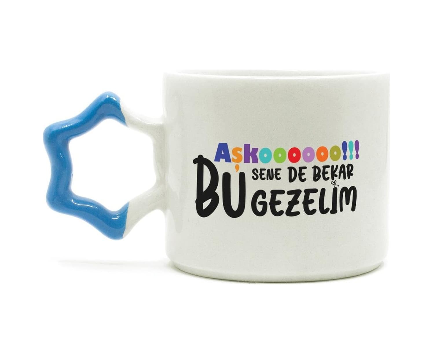 Mor Mürekkep Aşkoooooo Baskılı Mavi Kulplu Yıldız Kupa