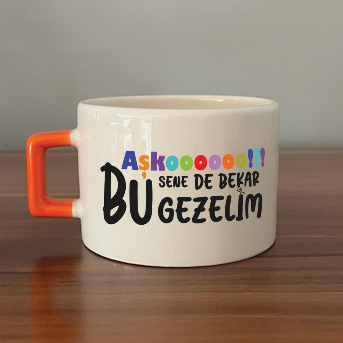 Aşkoooooo Baskılı Turuncu Kulplu Kare Espresso Fincanı