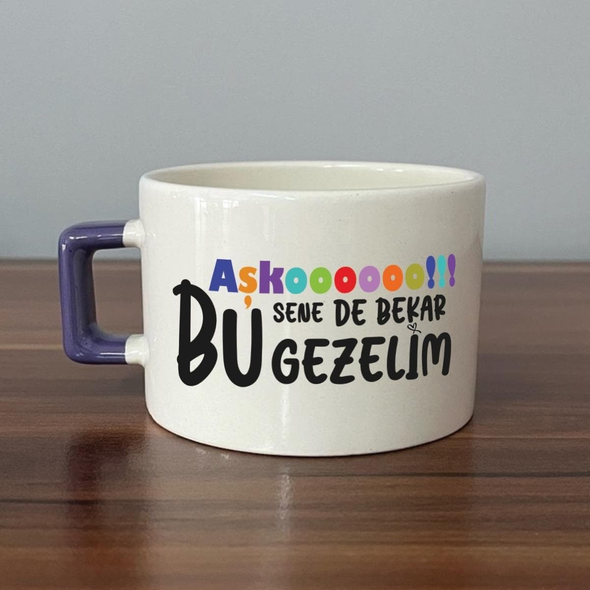 Aşkoooooo Baskılı Mor Kulplu Kare Espresso Fincanı