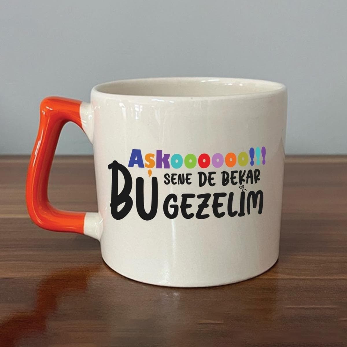 Mor Mürekkep Aşkoooooo Baskılı Turuncu Kulplu Prime Kupa