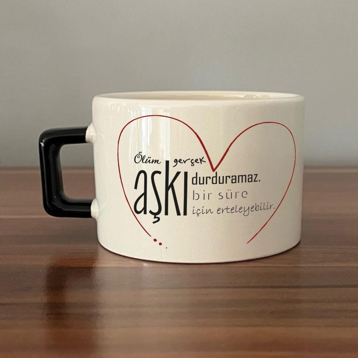 Ölüm Gerçek Aşkı Durduramaz Baskılı Siyah Kulplu Kare Espresso Fincanı