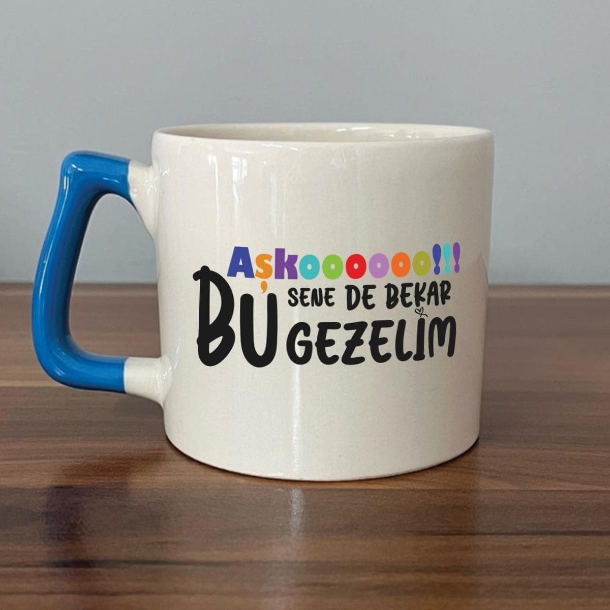 Mor Mürekkep Aşkoooooo Baskılı Mavi Kulplu Prime Kupa