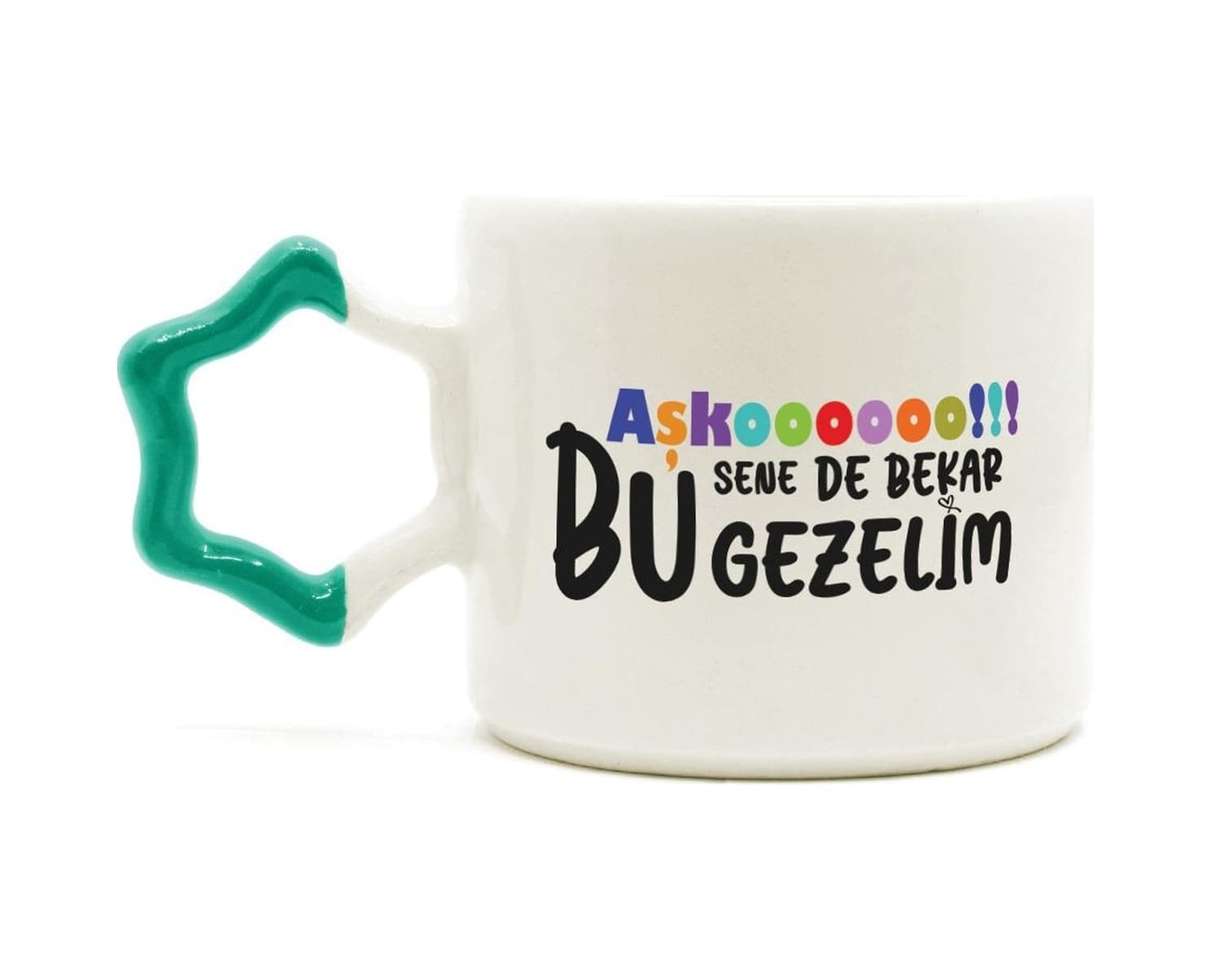 Mor Mürekkep Aşkoooooo Baskılı Yeşil Kulplu Yıldız Kupa