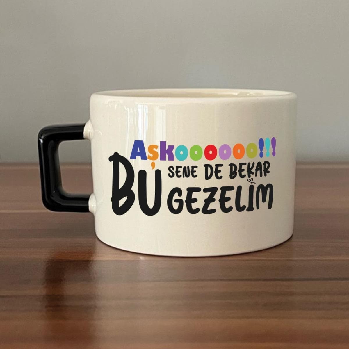 Aşkoooooo Baskılı Siyah Kulplu Kare Espresso Fincanı