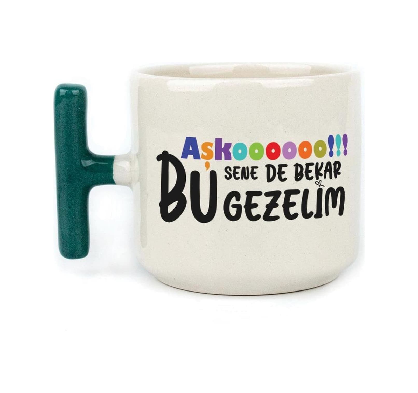 Mor Mürekkep Aşkoooooo Baskılı Yeşil Kulplu T Kupa