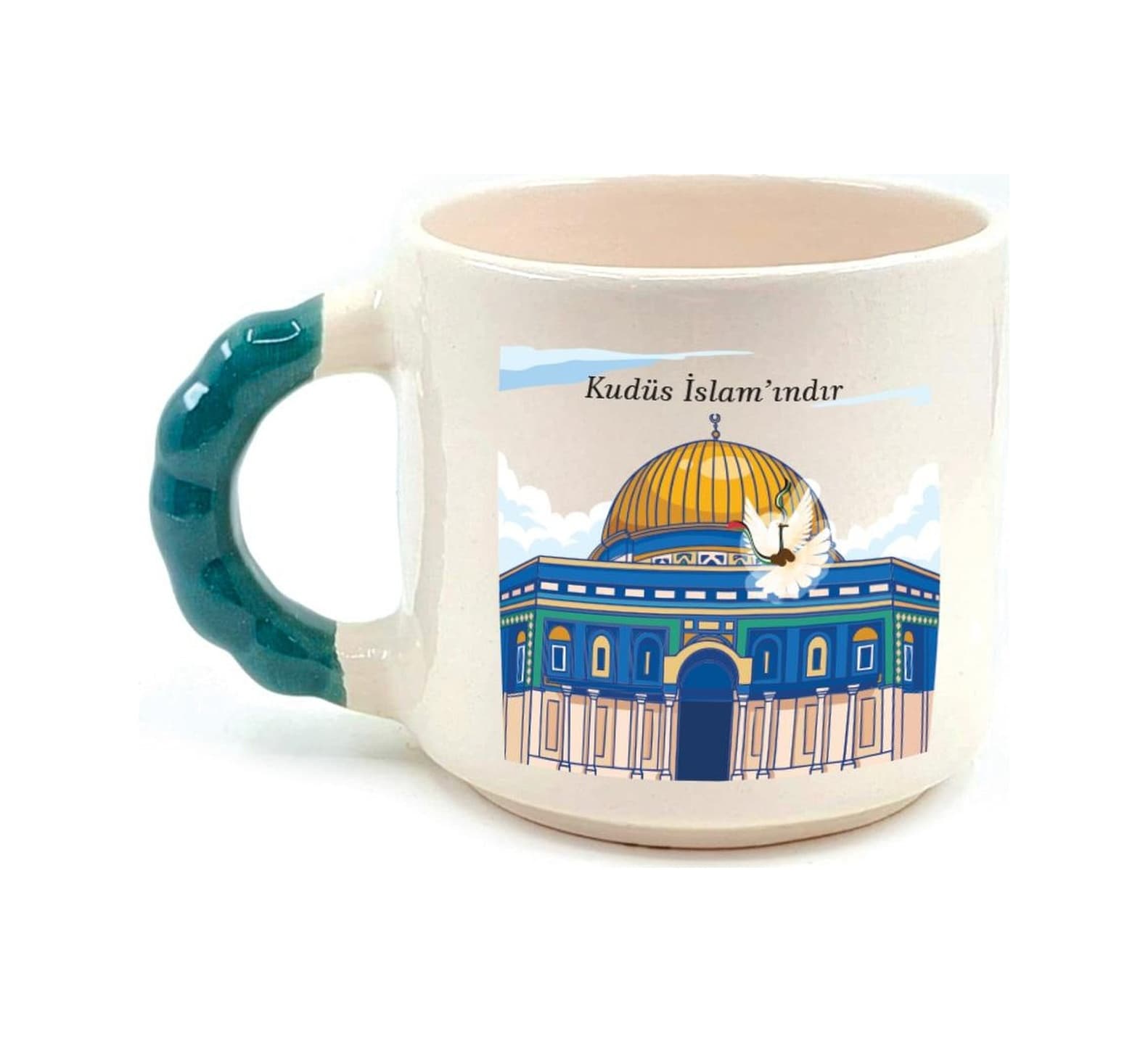 Kudüs İslam'ındır Baskılı Yeşil Kulplu Boncuk Kupa