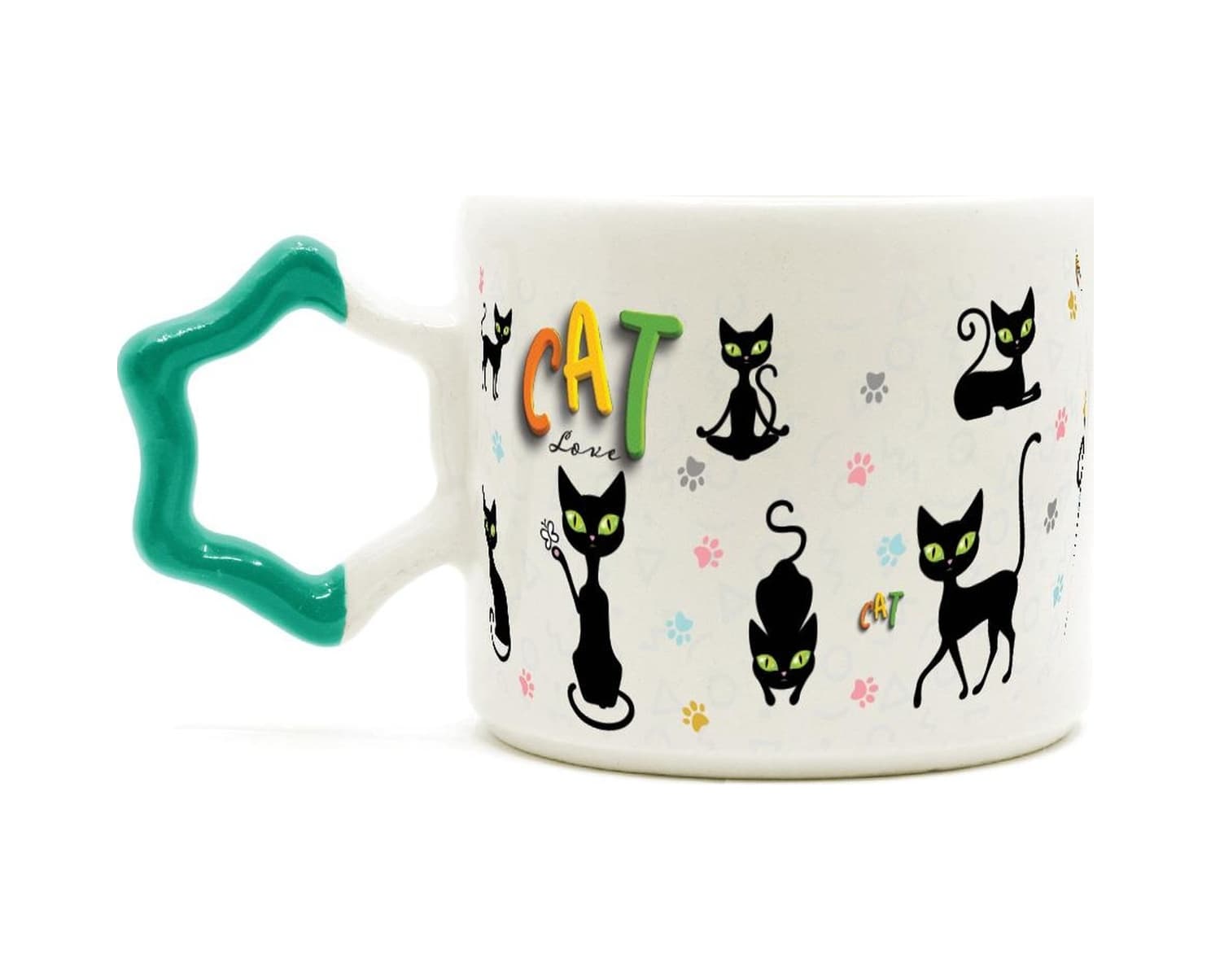Cat Love Baskılı Yeşil Kulplu Yıldız Kupa