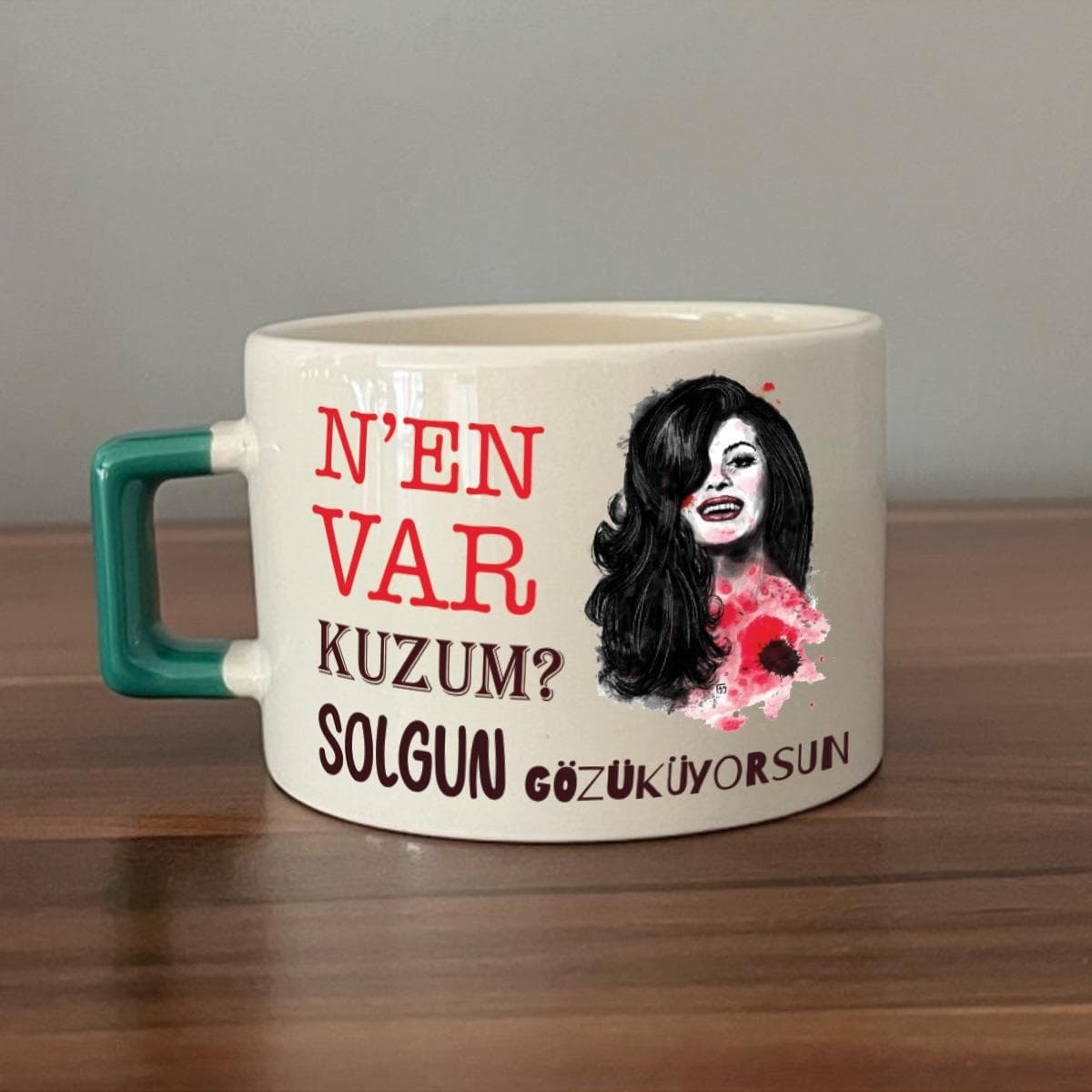 Nen Var Kuzum Baskılı Yeşil Kulplu Kare Espresso Fincanı