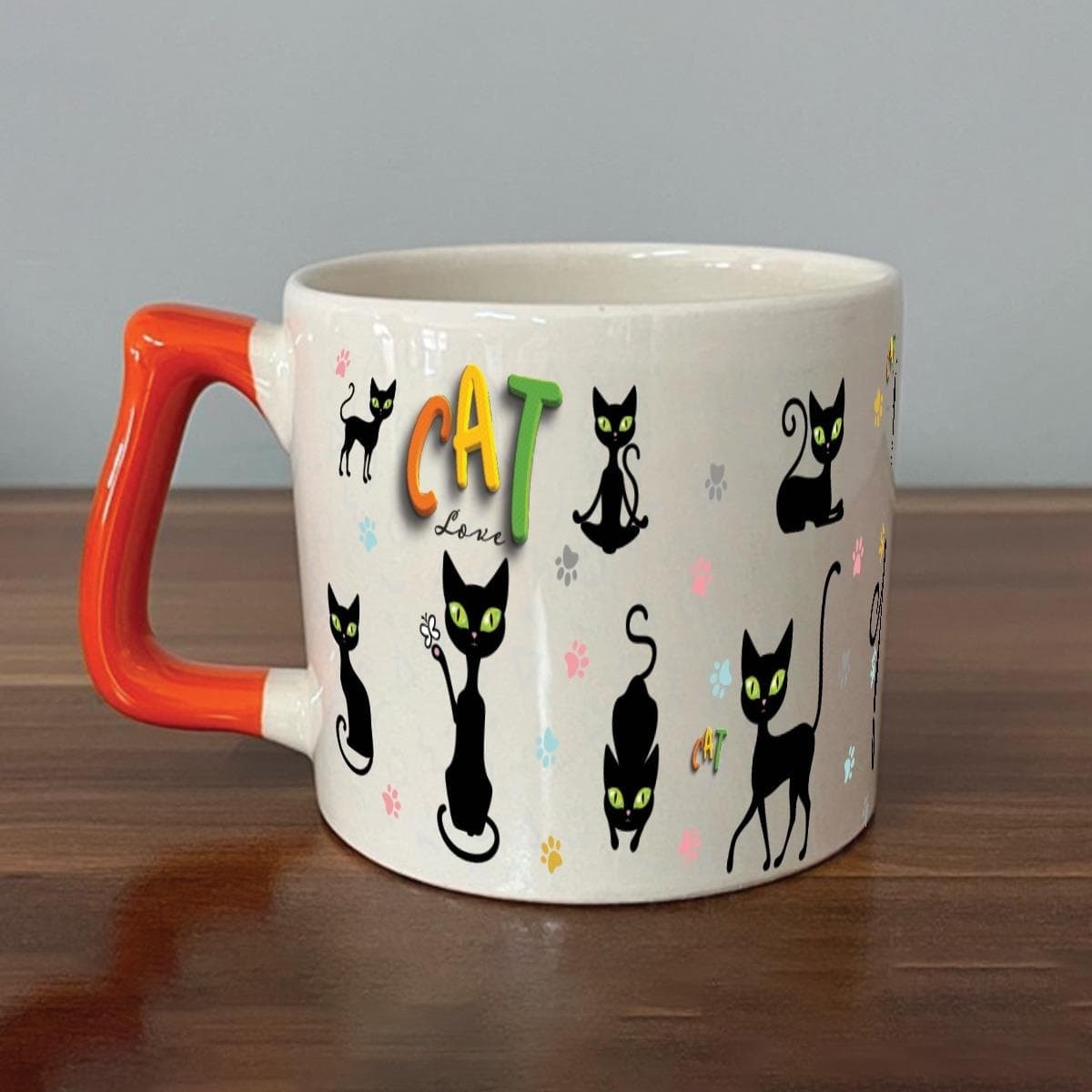 Cat Love Baskılı Turuncu Kulplu Prime Kupa