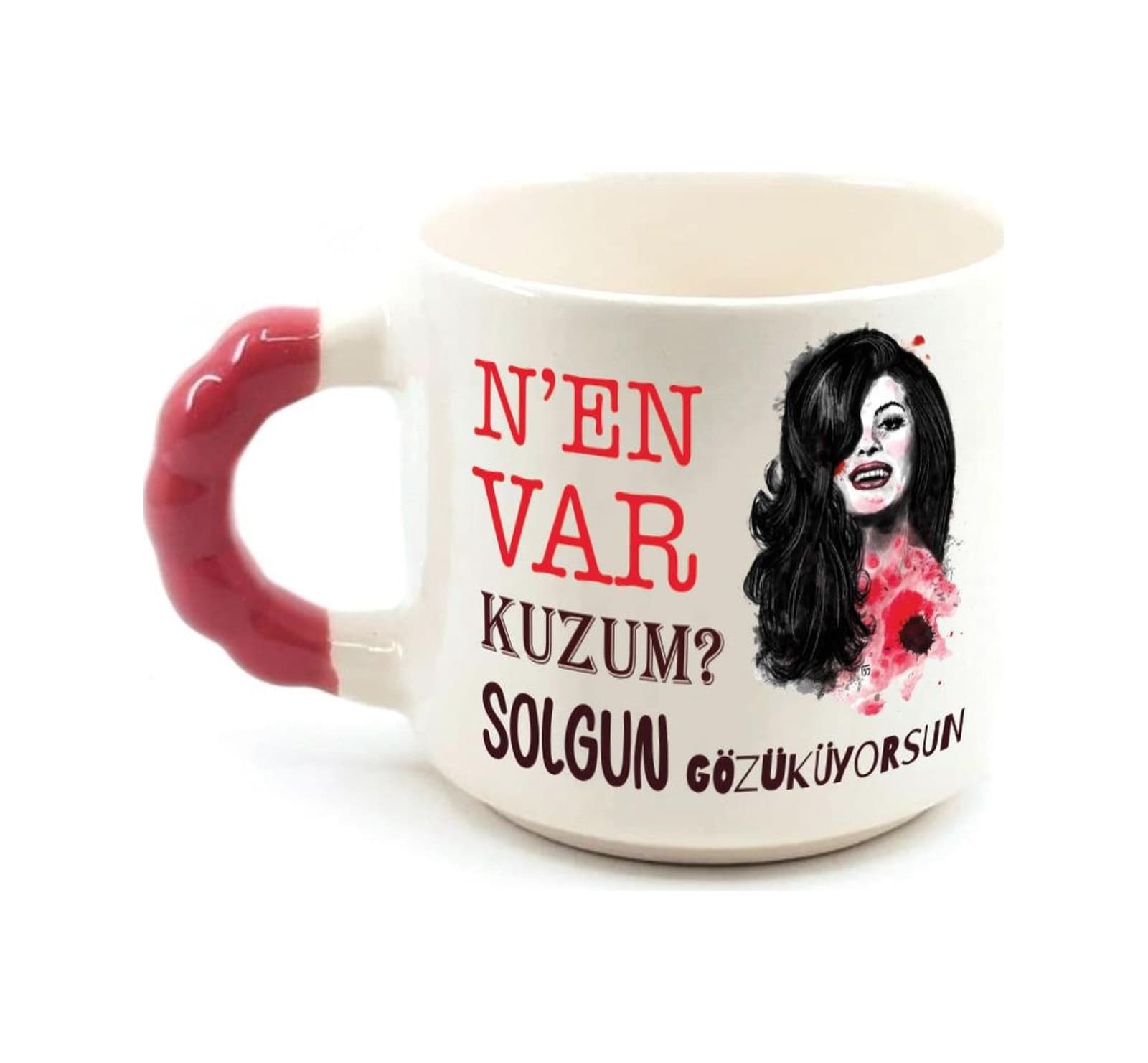 Nen Var Kuzum Baskılı Kırmızı Kulplu Boncuk Kupa