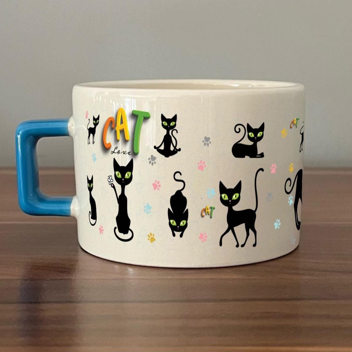 Cat Love Baskılı Mavi Kulplu Kare Espresso Fincanı