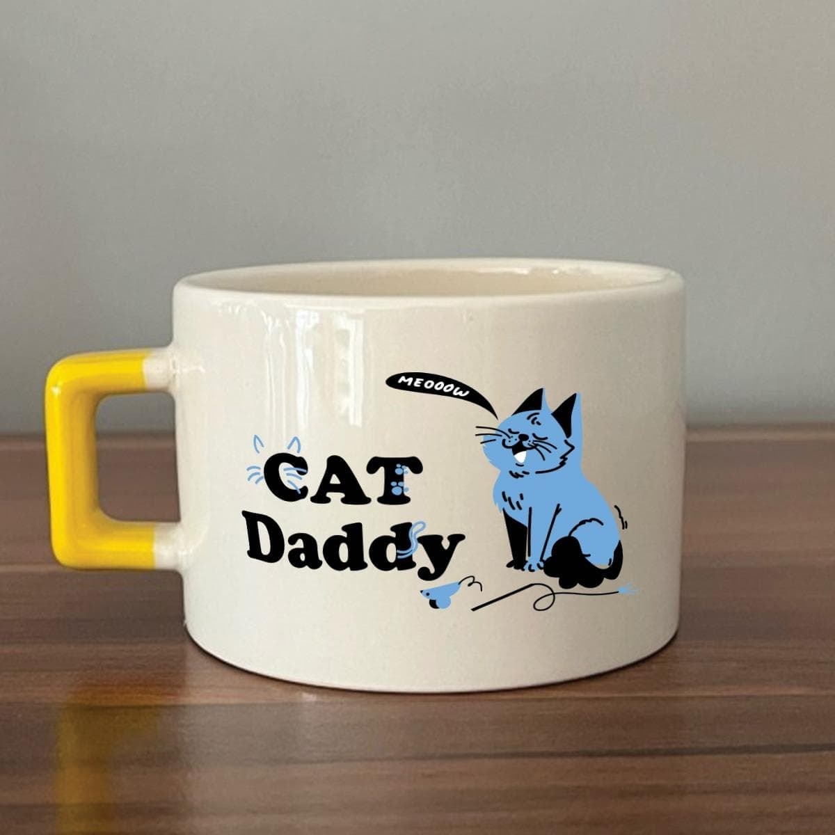 Cat Daddy Baskılı Sarı Kulplu Kare Espresso Fincanı